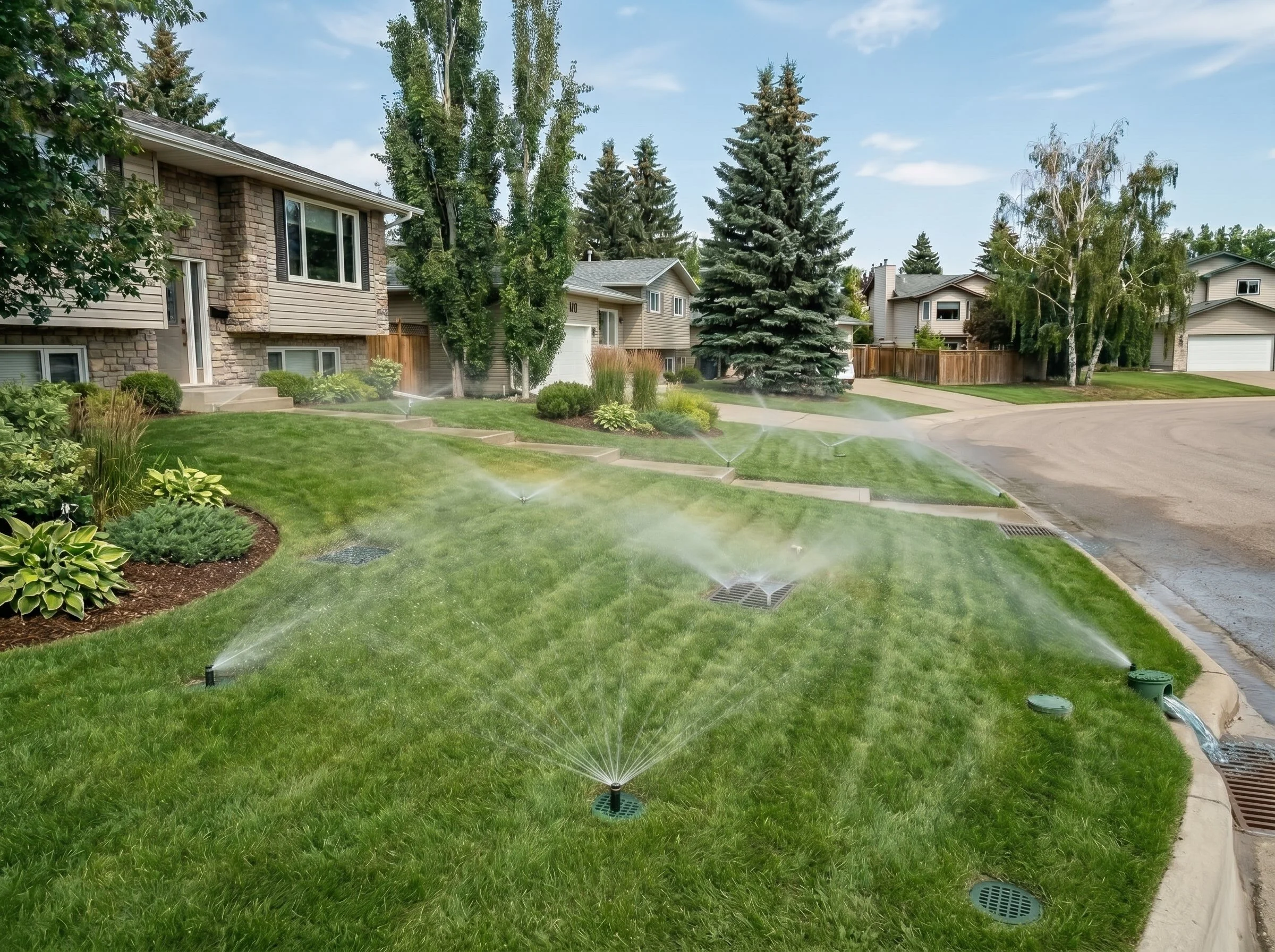A suburban yard with green grass being watered by a sprinkler system, surrounded by trees and houses, on a clear day.