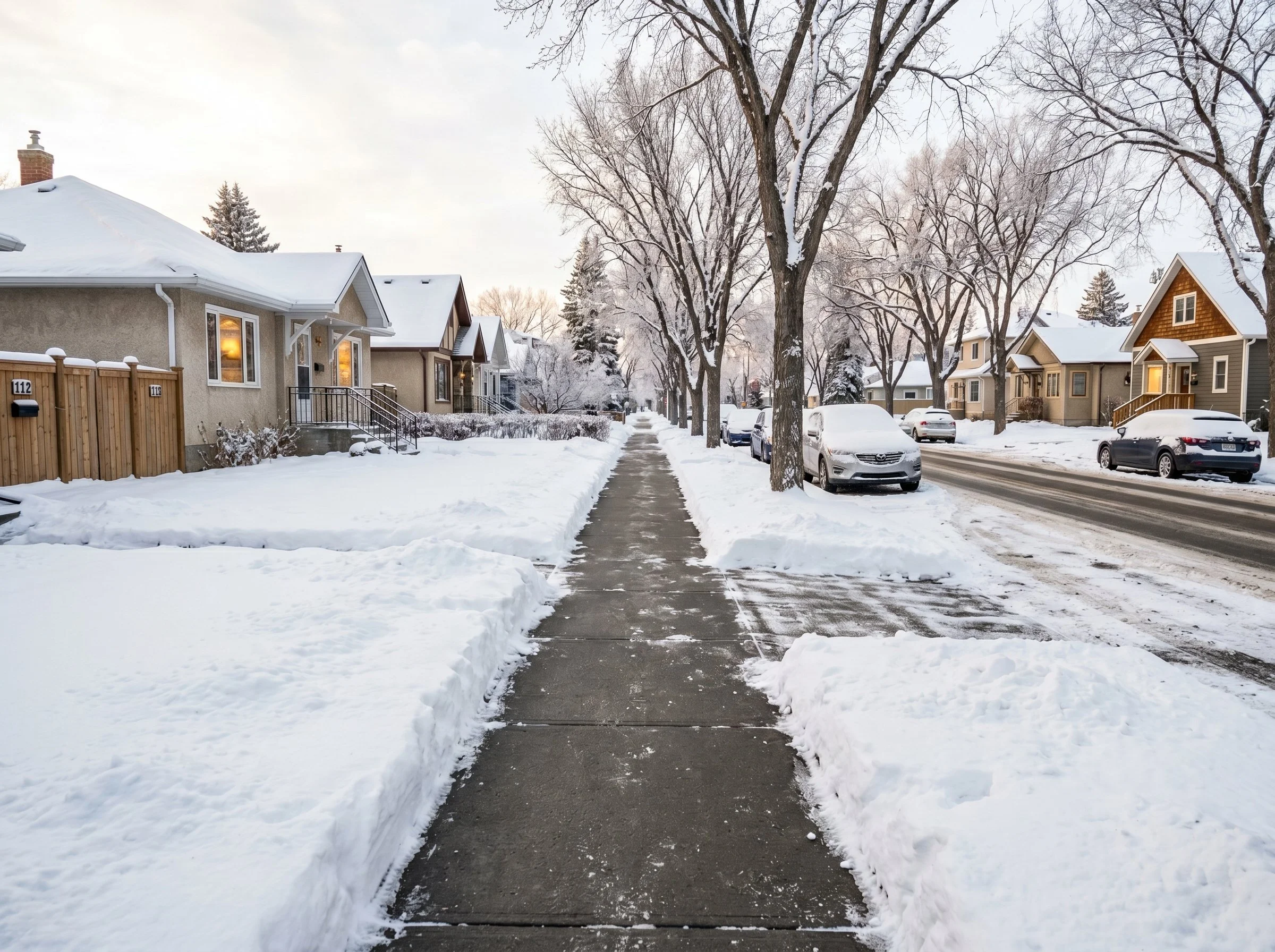 A suburban street covered in snow with parked cars and houses on the side, leafless trees lining the sidewalk, and the sky overcast.