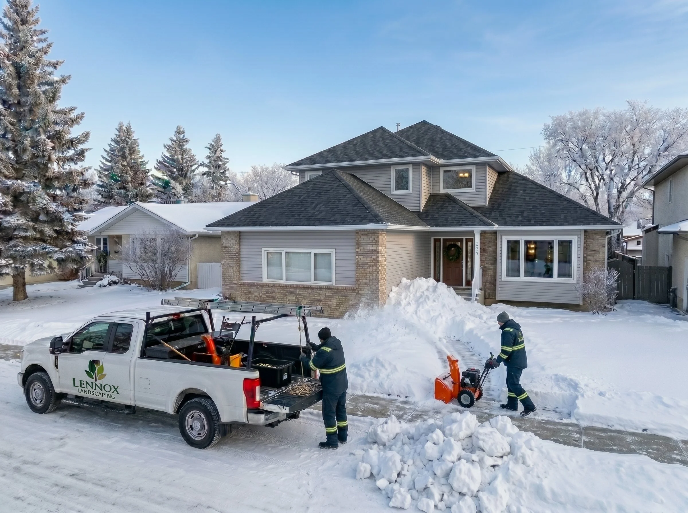 A residential neighborhood covered in snow with workers clearing snow from the driveway. A white pickup truck with a 'LENNOX LANDSCAPING' logo is parked in front of the house. The workers are using snow blowers, and one of them is also managing snow shovels. The house is two-stories tall with grey siding, brick accents, and a front door decorated with a wreath. There are snow-covered trees and other houses in the background.