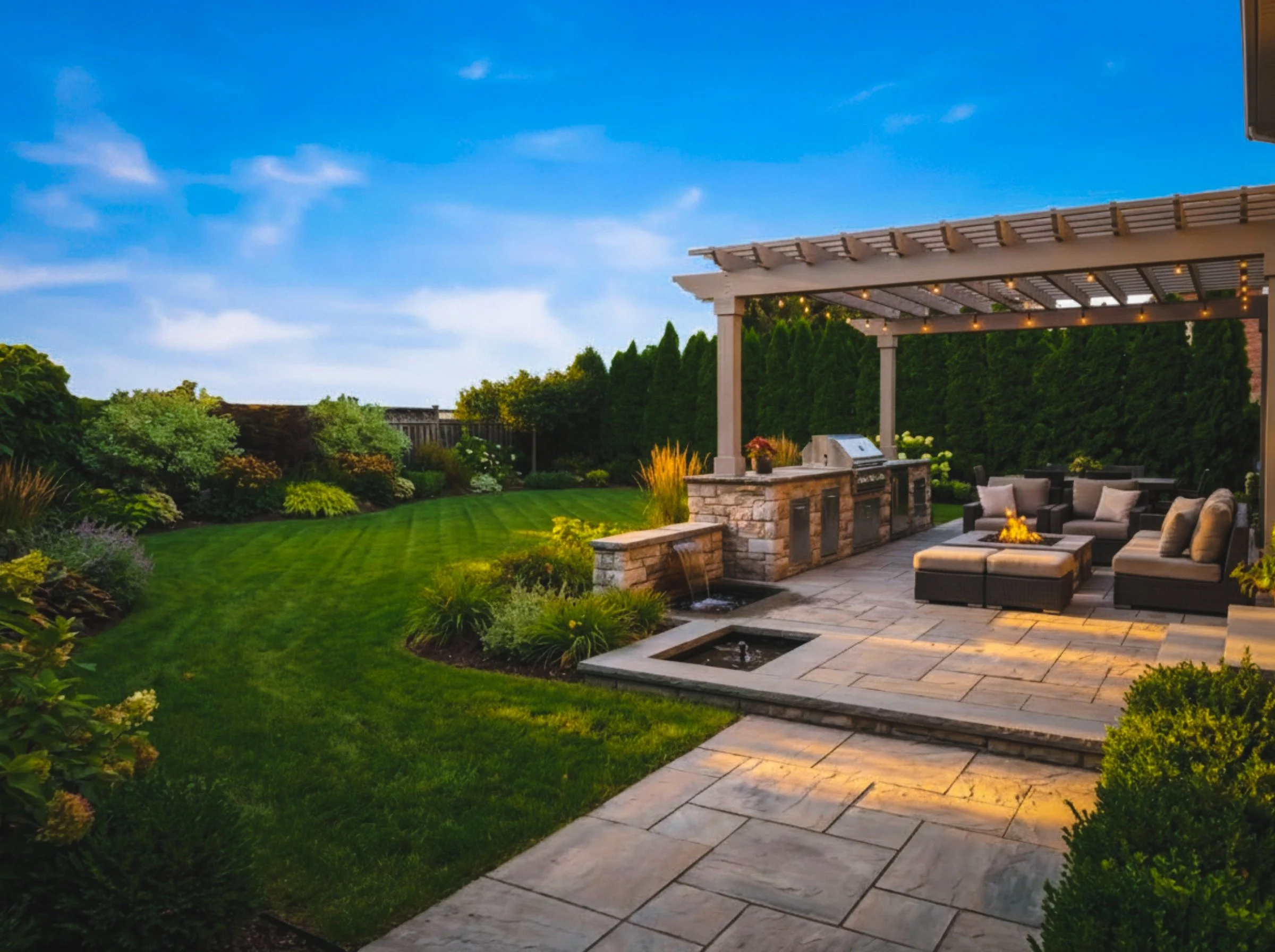 An outdoor living space with a stone patio, a pergola with string lights, a table with a firepit, a lush green lawn, and landscaped garden with trees and bushes under a clear blue sky.