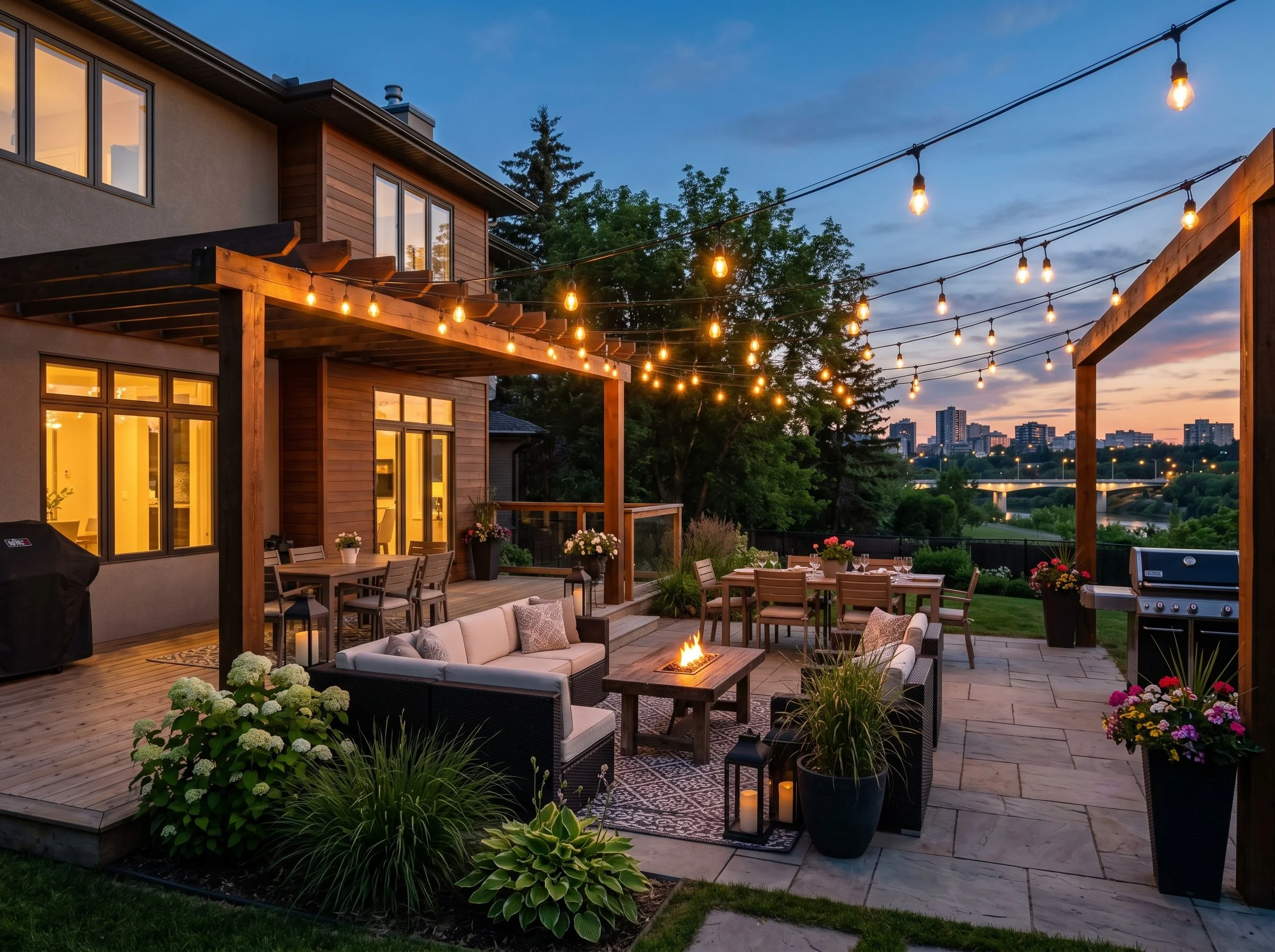 An outdoor patio at dusk with string lights overhead. The patio includes a fire pit area with cushioned seating, dining tables with chairs, and potted flowers. A grill and house with large windows are visible in the background.