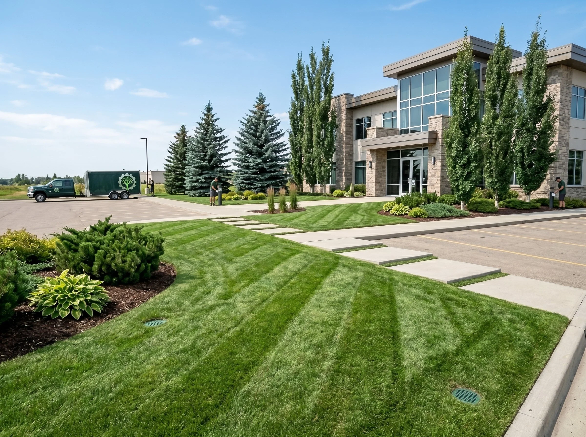 A modern, multi-story building with large windows and stone facade, surrounded by well-maintained grass, shrubs, and tall trees, with a parking lot and truck nearby on a sunny day.
