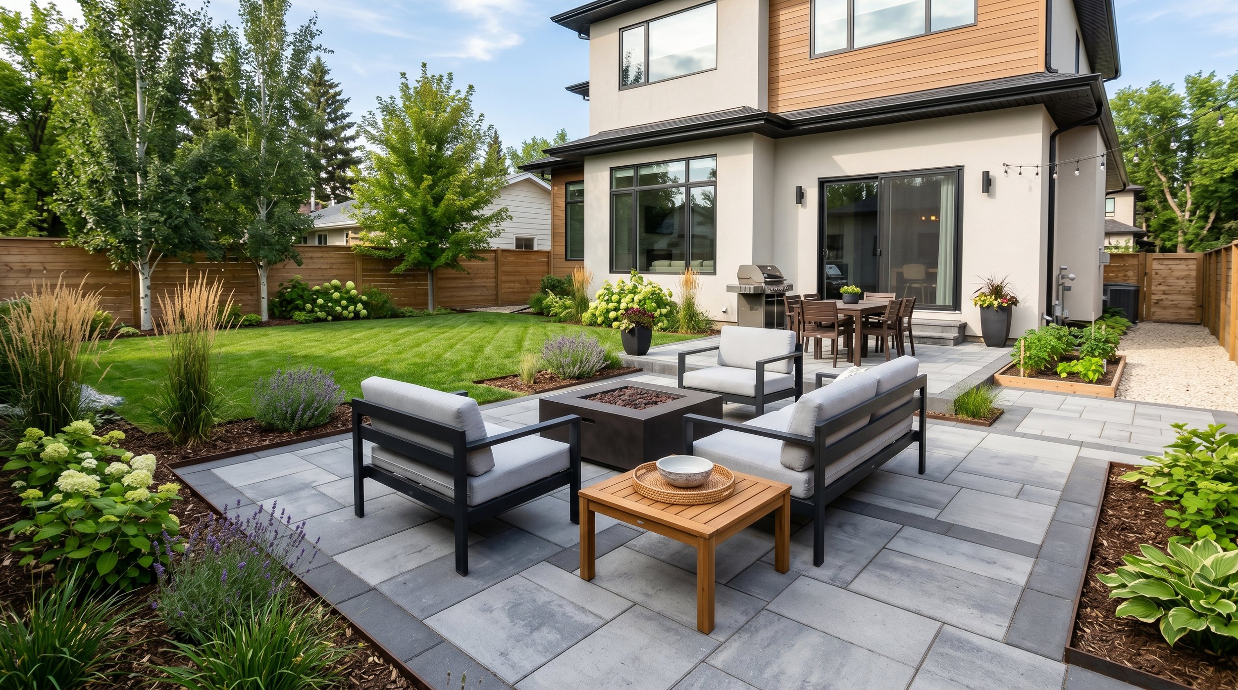 A backyard patio with outdoor seating, a grill, and a well-maintained lawn, surrounded by trees and a wooden fence.