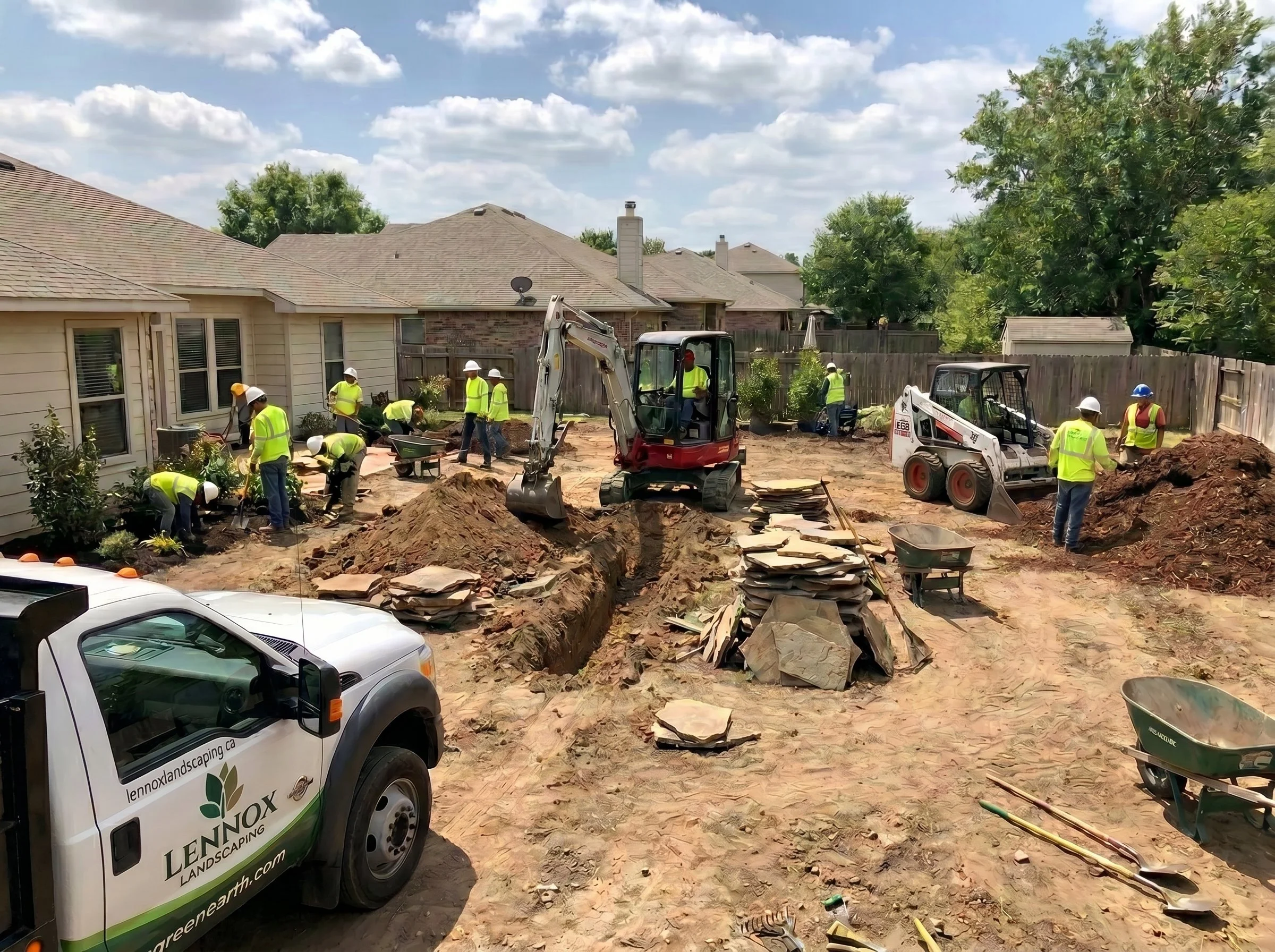 Construction workers in yellow safety vests and white hard hats working in a backyard on landscaping and foundation work, with construction equipment and a white vehicle from Lennox Landscaping in the foreground, residential houses and trees in the background under partly cloudy sky.