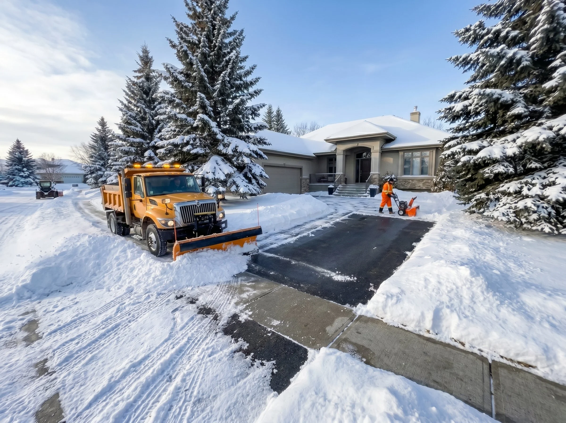 Snow-covered driveway with a snow blower clearing the snow, a snow plow truck in the background, and a worker in orange safety gear removing snow next to a modern house with tall snow-covered trees.