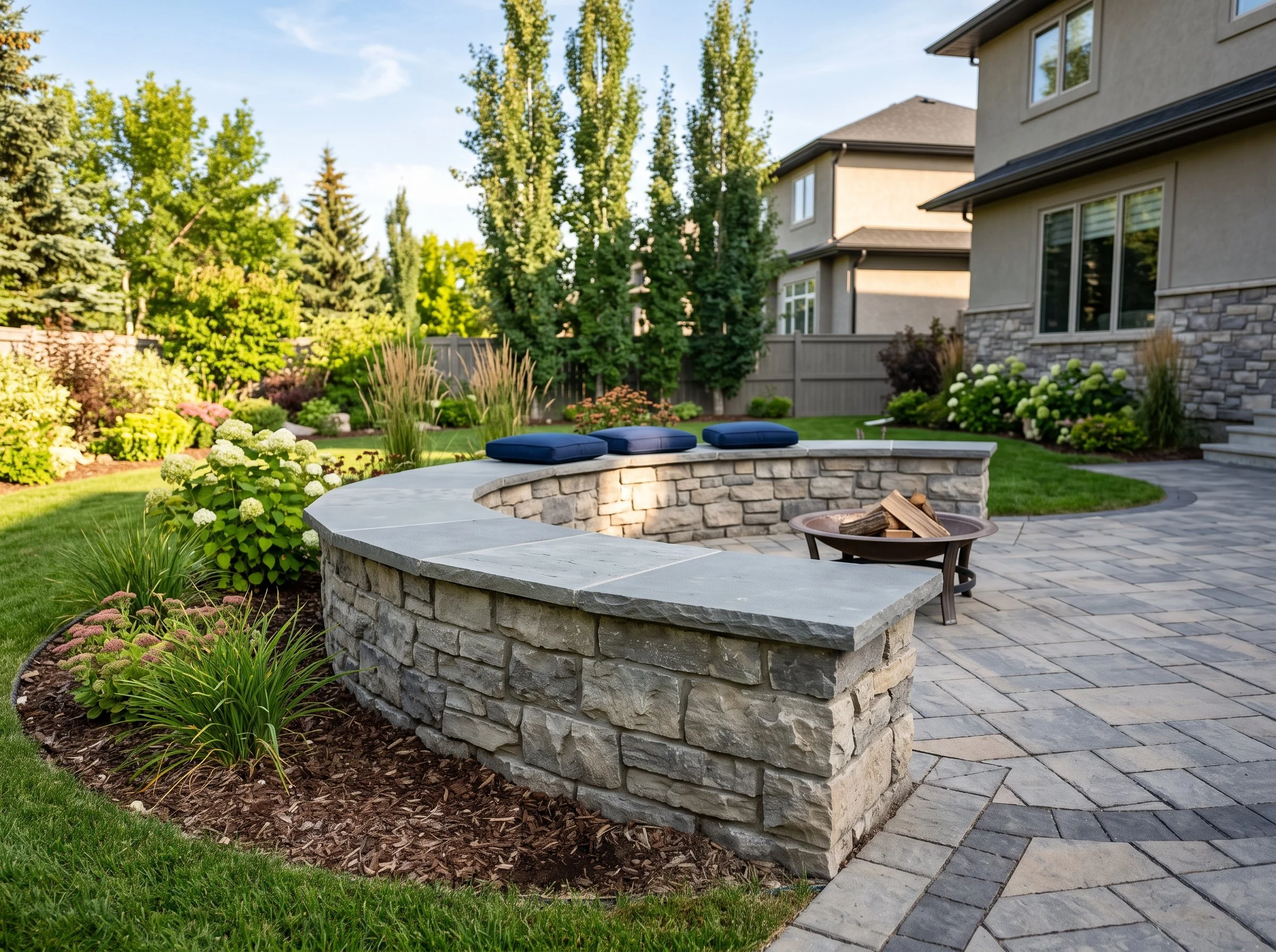 Natural stone retaining wall and paver patio terracing in Willowgrove Saskatoon by Lennox Landscaping
