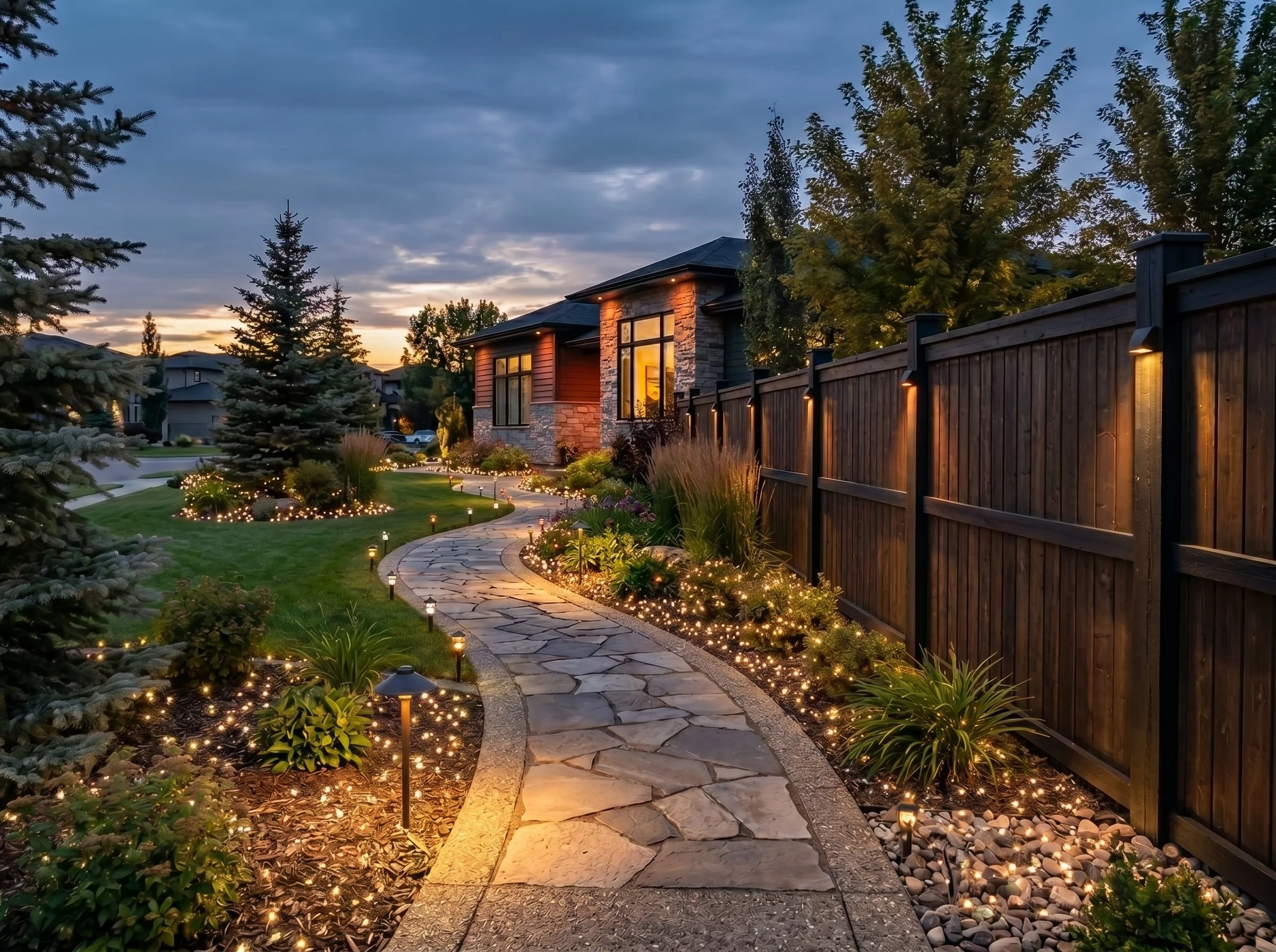 A winding stone pathway illuminated by outdoor lights winds through a well-landscaped garden with trees, shrubs, and flowers next to a house at sunset.