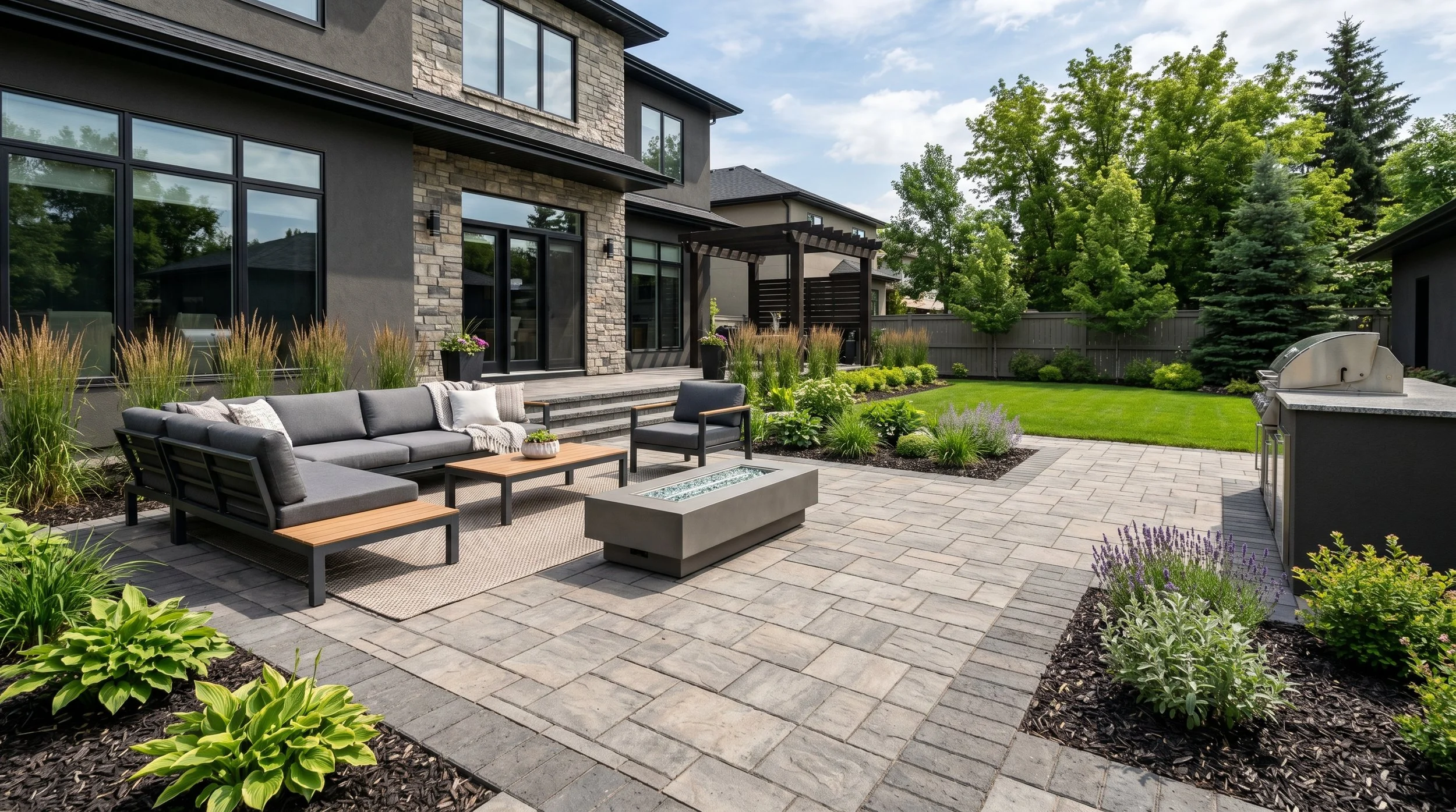 Backyard patio with outdoor furniture, potted plants, a grill, a firepit, and a lawn surrounded by trees.