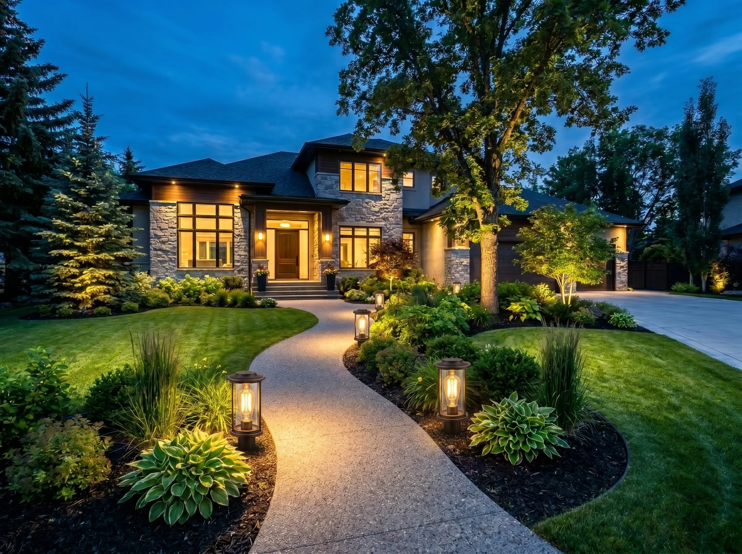 A modern house with large windows and stone accents, illuminated by outdoor lighting, surrounded by a well-maintained garden with a curved walkway and landscape lights at dusk.