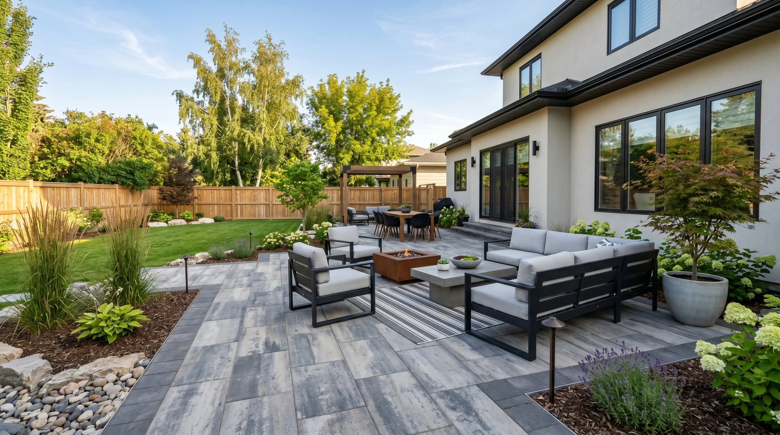 Backyard patio with outdoor furniture, a fire pit, and lush greenery enclosed by a wooden fence, adjacent to a modern house with large windows.