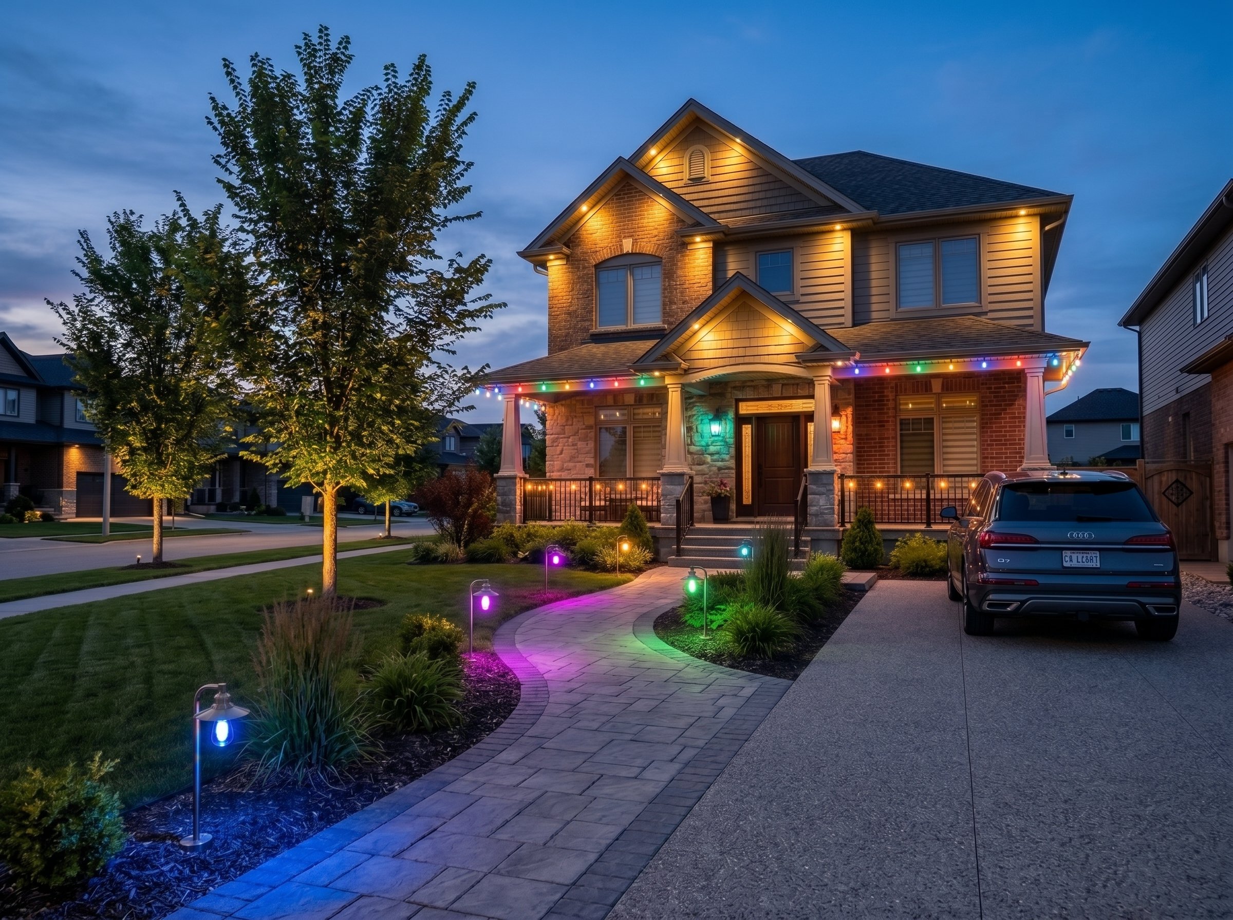 A two-story house decorated with colorful holiday lights at dusk. The house has a brick and siding exterior, and the front yard features landscaped bushes, a paved walkway, and illuminated pathway lights. A car is parked in the driveway, and surrounding neighborhood houses are visible.
