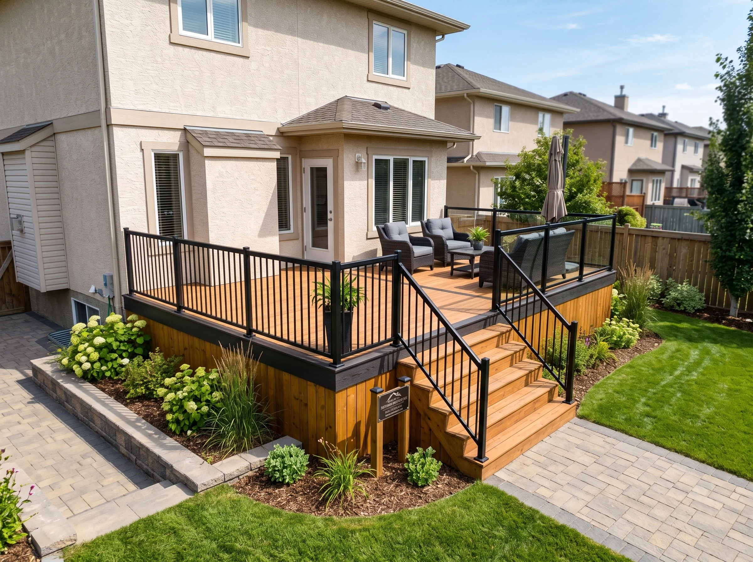 Multi-level composite Trex deck with outdoor living features in Briarwood Saskatoon