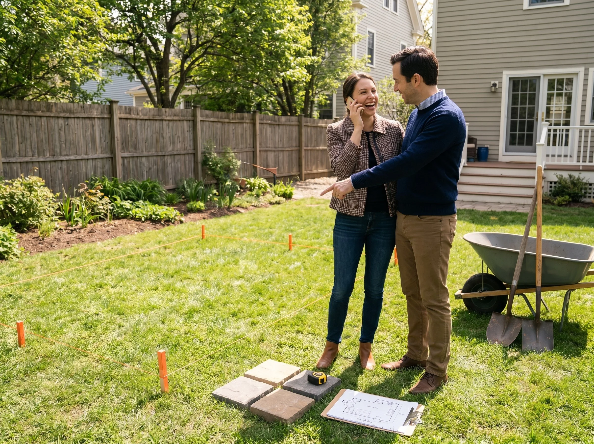 A smiling woman and a man are talking in a backyard garden with plants, trees, and a wooden fence. They are near construction markers, a wheelbarrow, and a blueprint on the ground.