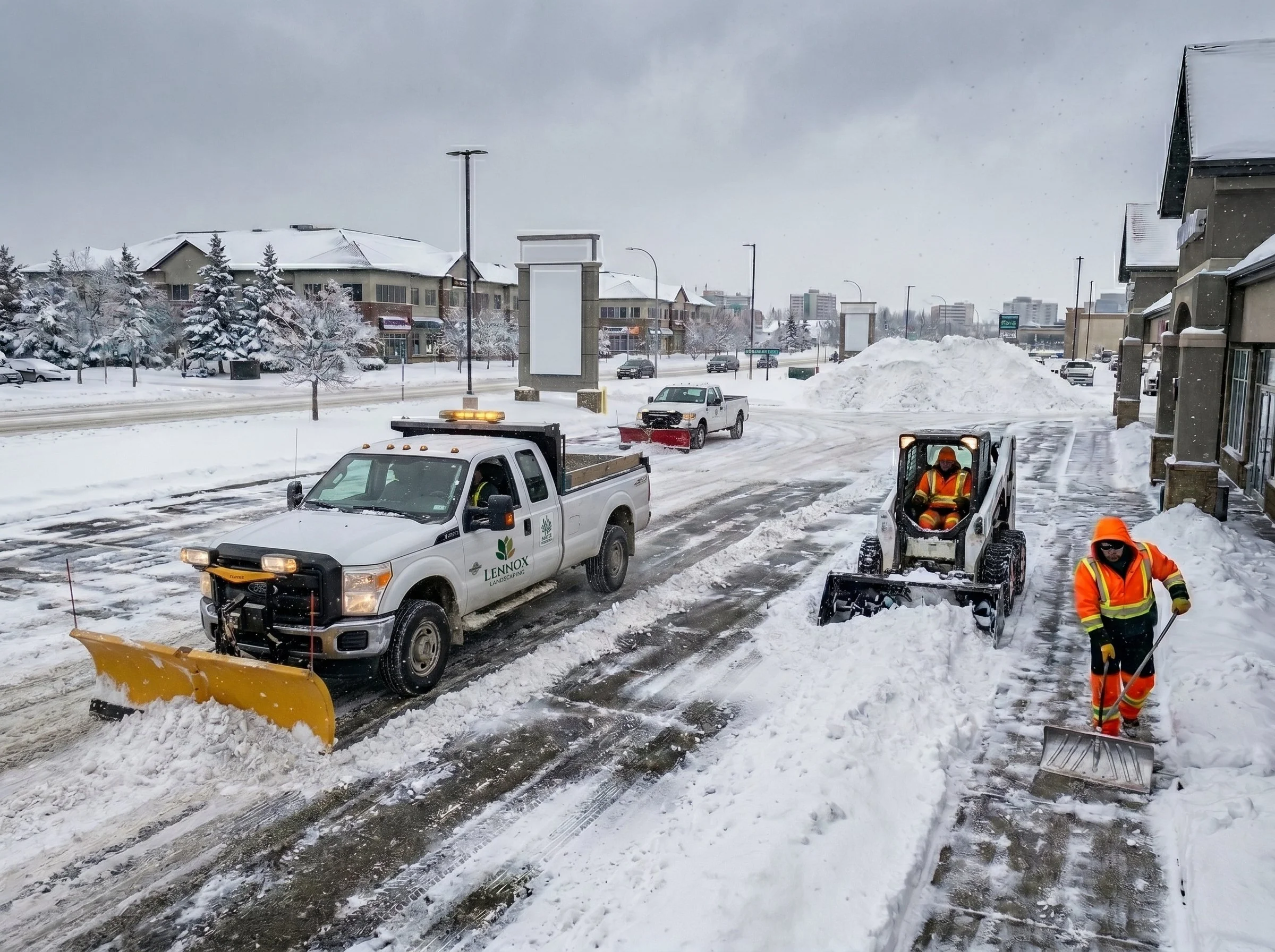 Workers shoveling snow from a sidewalk in a winter urban setting, with parked vehicles, snow-covered trees, buildings, and street signs in the background.