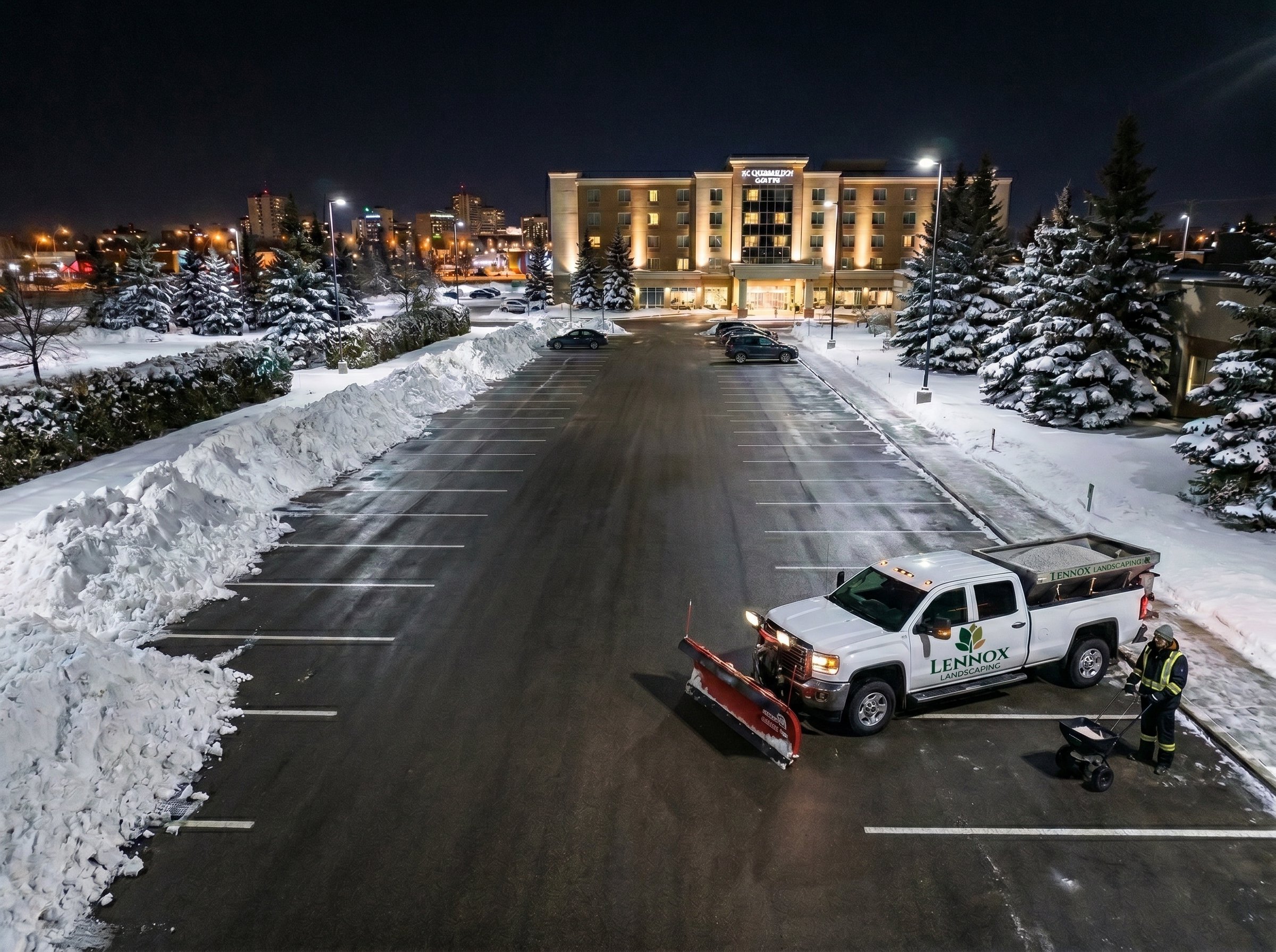 Night view of a snow-covered parking lot outside a well-lit hotel with trees blanketed in snow; city lights and buildings are visible in the background.