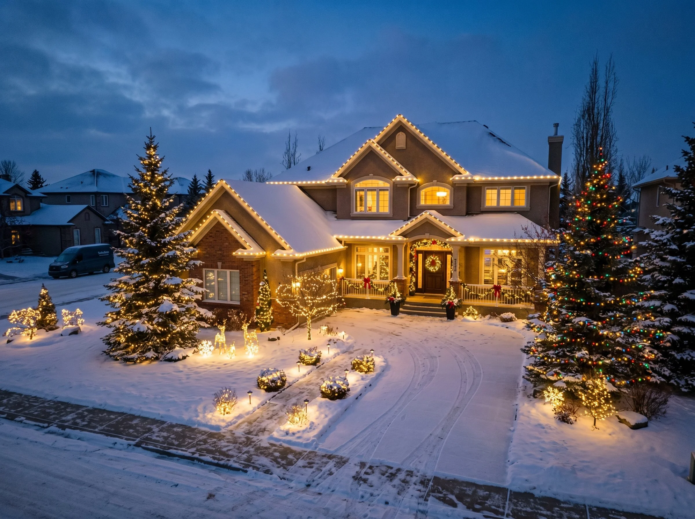 A house decorated with Christmas lights, with decorated Christmas trees outside, surrounded by snow, at dusk.