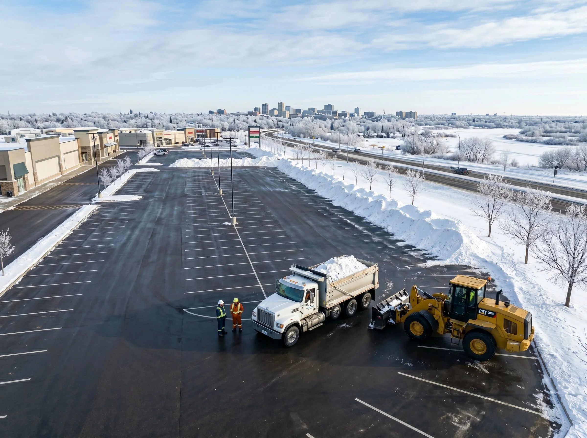 A parking lot being cleared of snow by workers and machinery, with a shopping center in the background and a city skyline in the distance, all during winter.