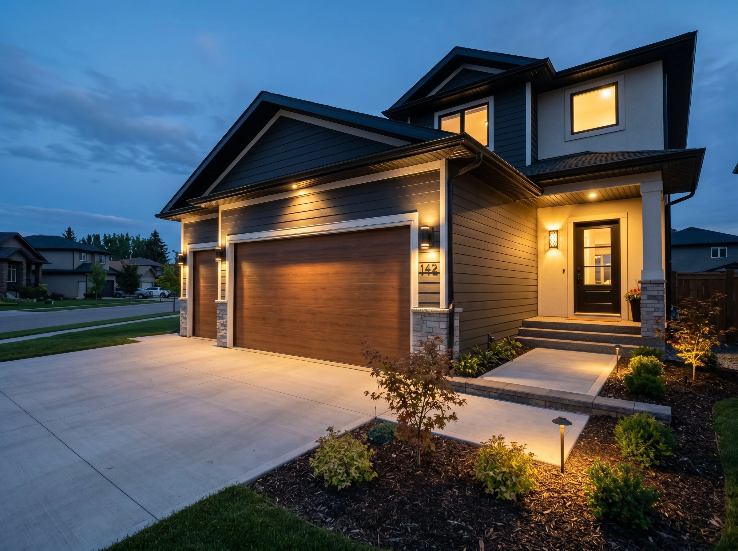 A modern two-story house with a dark exterior, illuminated with exterior lighting. The house features a double garage with wooden doors, a front porch with a black door, and landscaped garden beds with plants and small trees. The driveway and walkway are made of concrete, and there are neighboring houses in the background under a dusk sky.