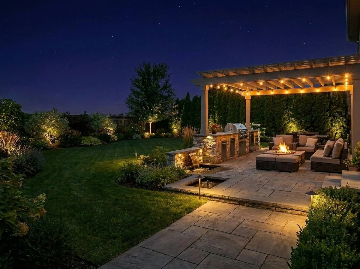 Nighttime outdoor patio with string lights, a fire pit, seating area, outdoor kitchen, and landscaped garden under a starry sky.