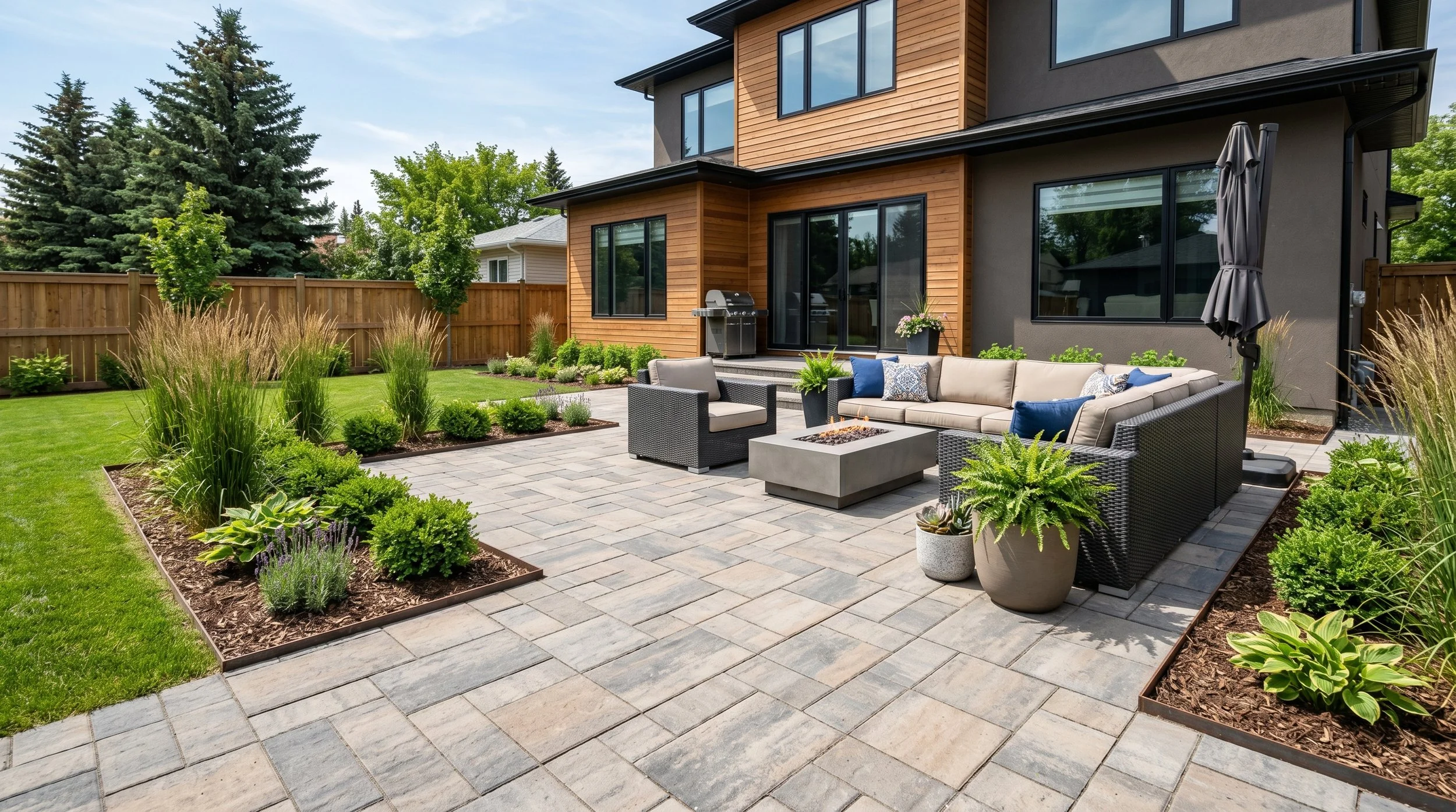 Modern backyard patio with outdoor furniture, fire pit, potted plants, garden beds, lawn, and a wooden fence, adjacent to a two-story house with wooden and dark-colored exterior walls.
