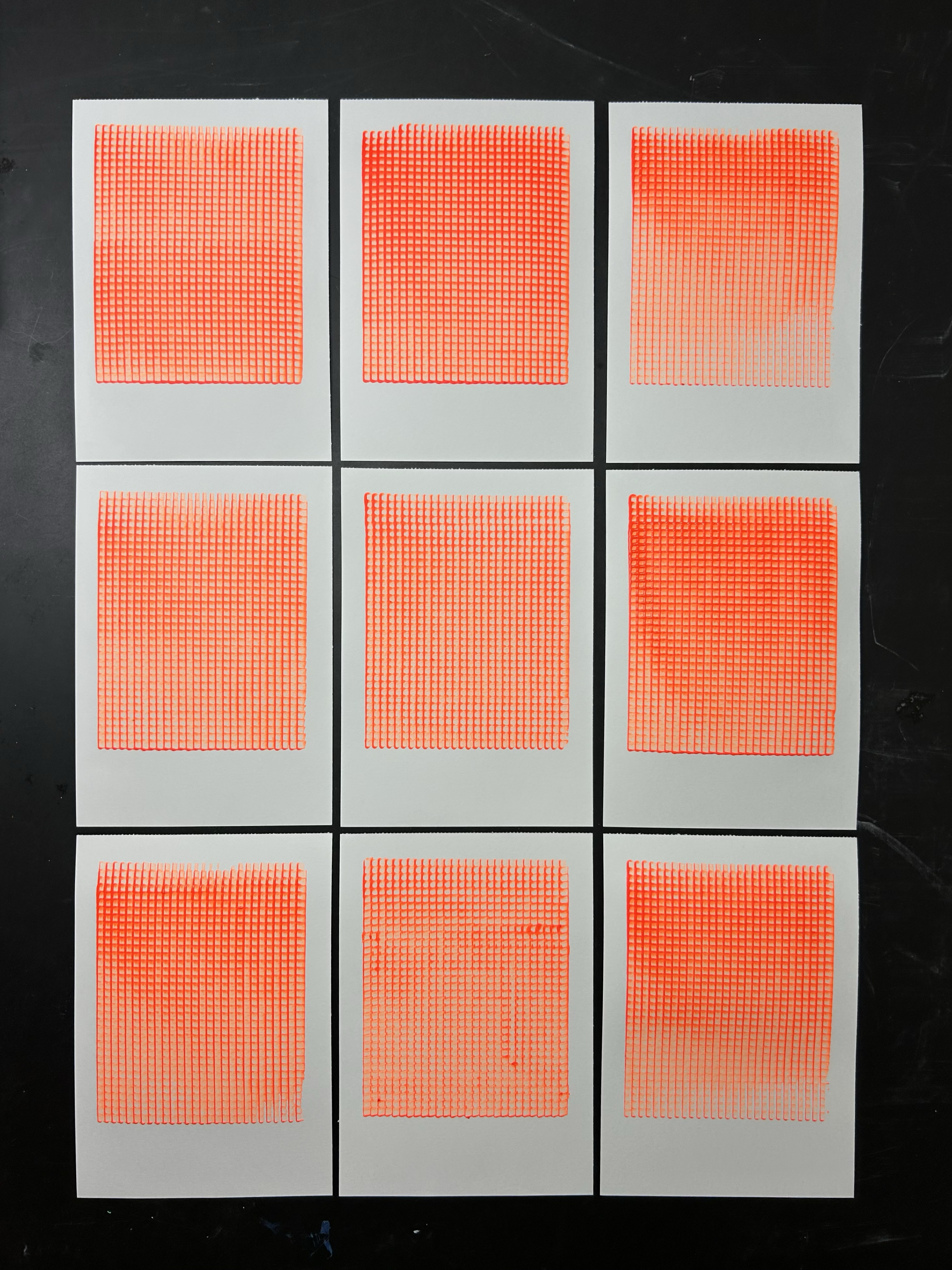 Using the same code and the same color, I created a series to explore variation – each of the nine DIN A4 pieces became unique, composed of 980 tiles