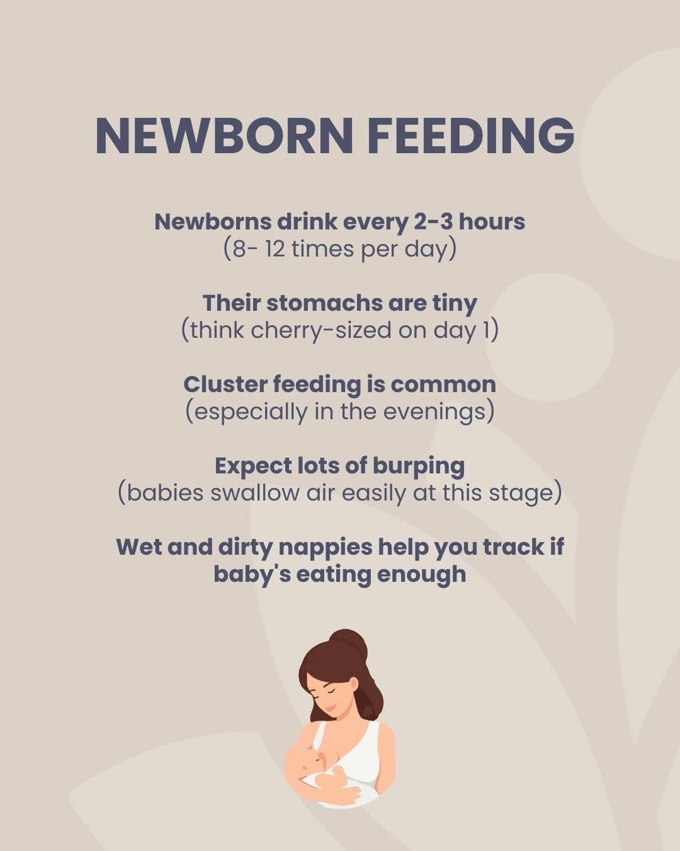 This is just a general guide. Every baby and every mother is different, and feeding journeys can look all sorts of ways 🤱🏼

Some babies feed more, some less. Some cluster feed, some settle into their own rhythm.

Trust your baby, trust yourself, an