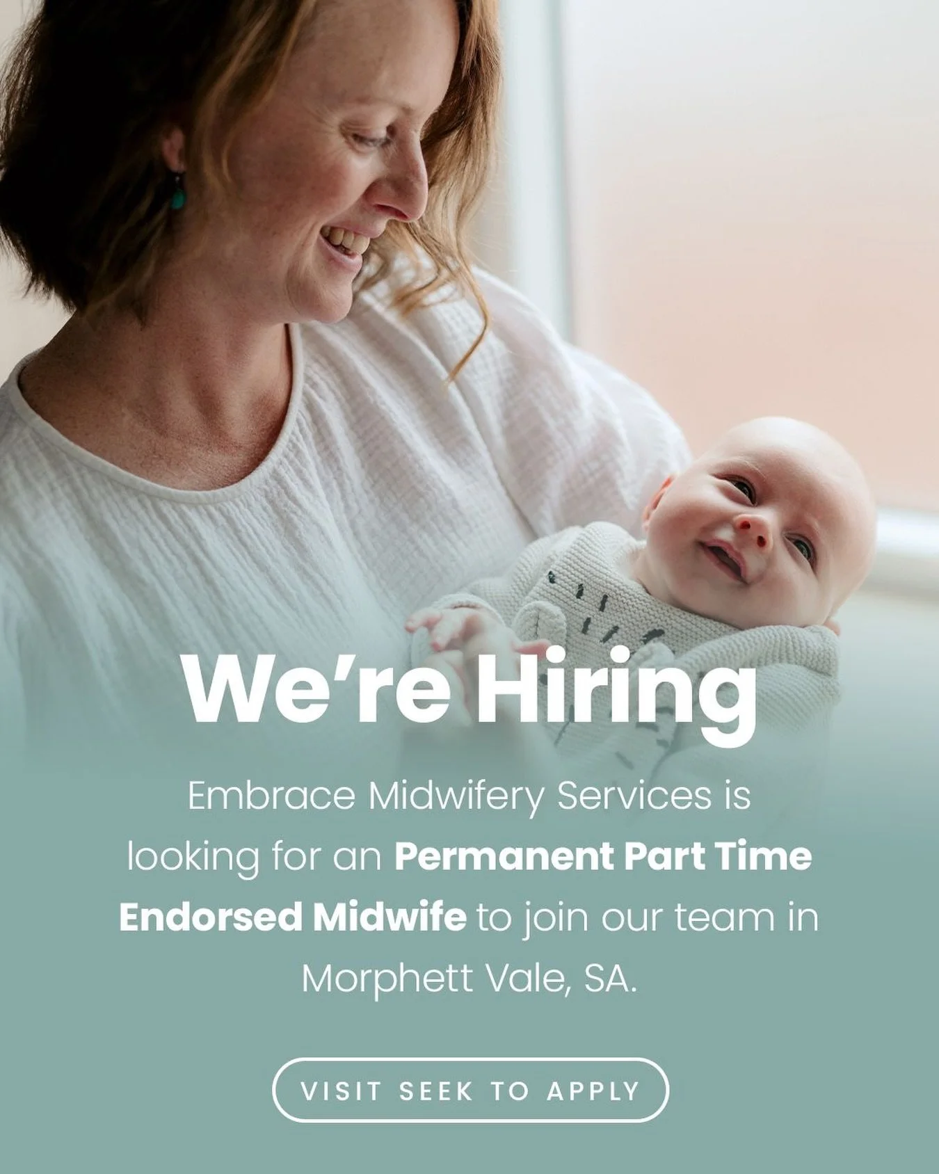 🌿 We&rsquo;re Hiring &ndash; Adelaide Midwife (Part Time)

Embrace Midwifery Services is seeking a passionate Midwife to join our Adelaide team, supporting women and families through pregnancy, birth and the postnatal period.

Work within a continui