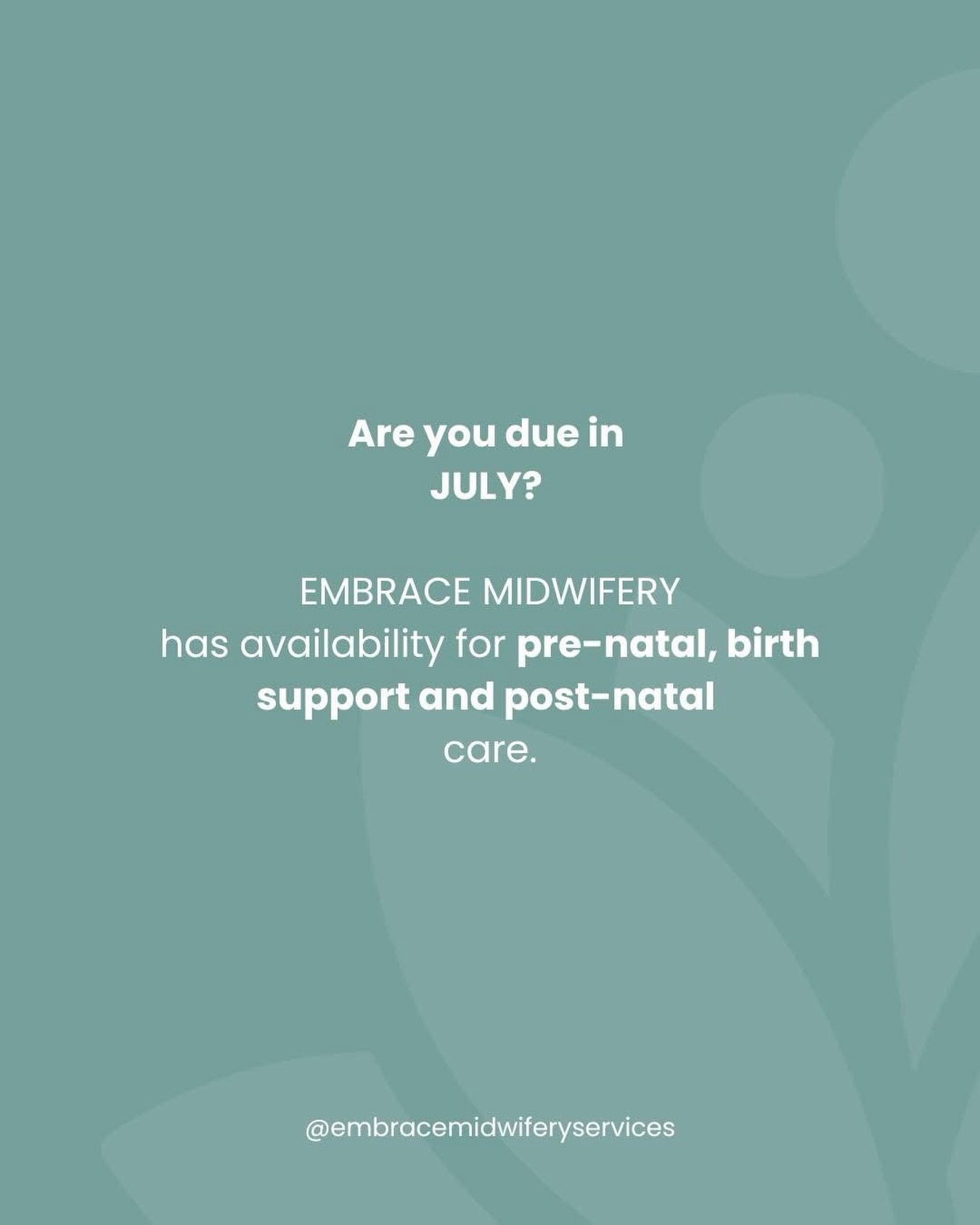 Due in July? We&rsquo;d love to support you! 🌿 

Embrace Midwifery has availability for pre-natal, birthing and post-natal care for families due in July. Our experienced midwives are here to walk alongside you every step of the way. 

Get in touch t