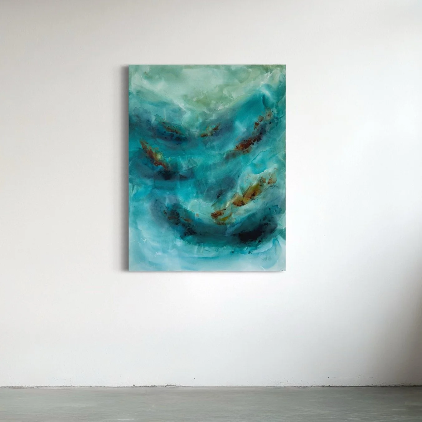 Abstract painting with swirling shades of blue, green, black, and brown hanging on a white gallery wall.