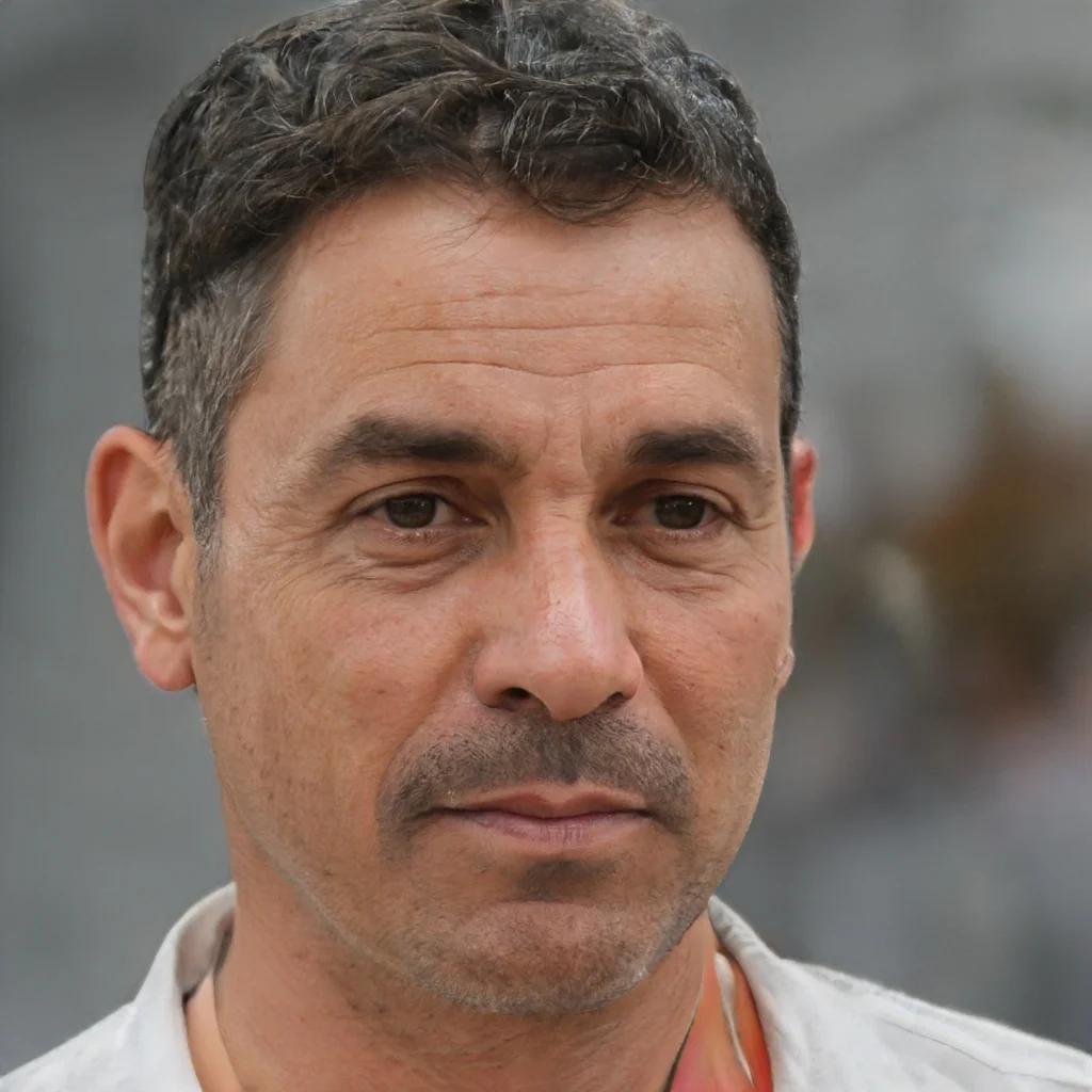 Close-up of a middle-aged man with dark hair and a subtle smile, wearing a white shirt, outdoors with blurred background.