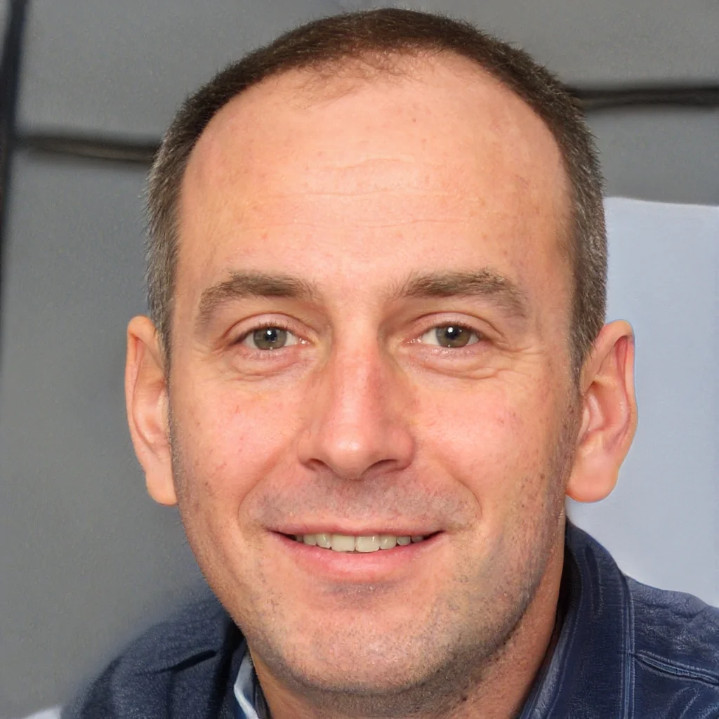 Close-up photo of a smiling man with short brown hair, hazel eyes, and light skin, wearing a dark blue jacket and a collared shirt, indoors with a neutral background.