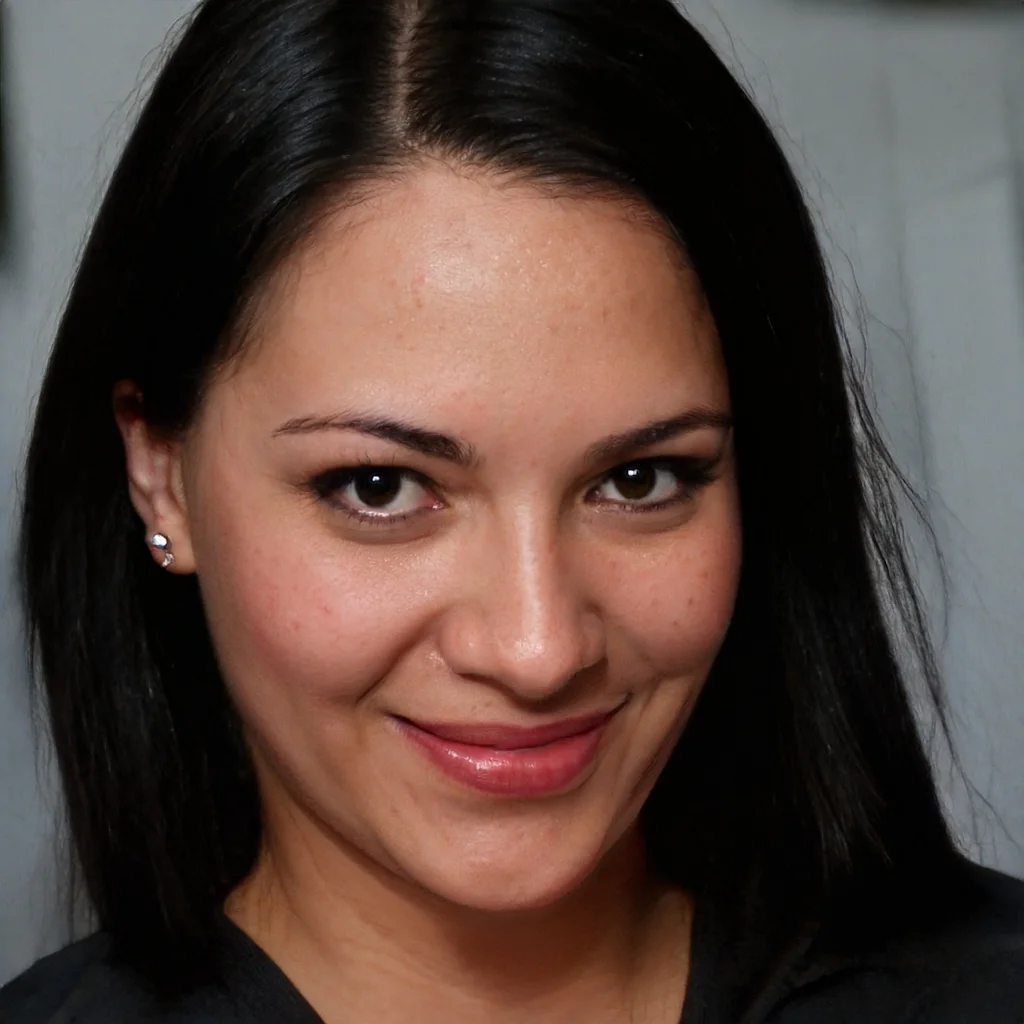 Close-up of a woman with shoulder-length black hair, brown eyes, and earrings, smiling at the camera.