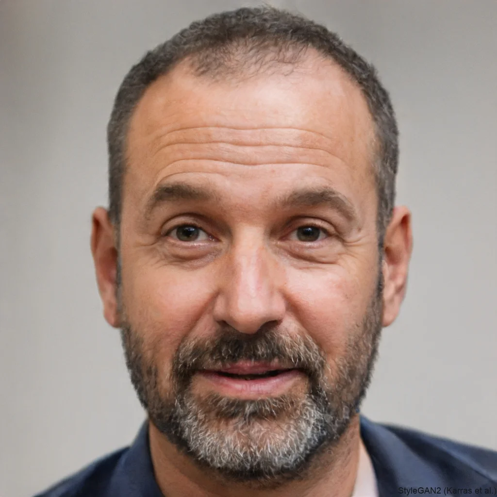 A close-up portrait of a middle-aged man with short dark hair, a beard with some gray, and light-colored eyes, wearing a dark jacket, smiling slightly, against a neutral background.