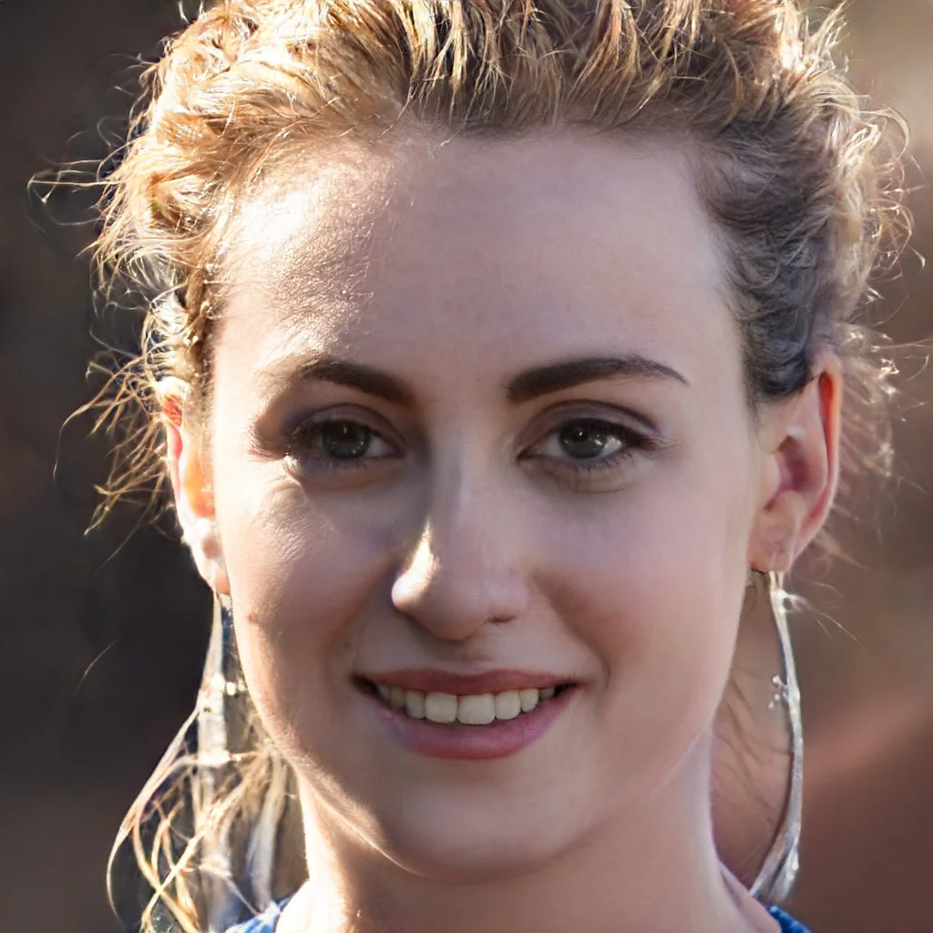Close-up of a smiling woman with curly blond hair and hoop earrings, outdoors in natural light