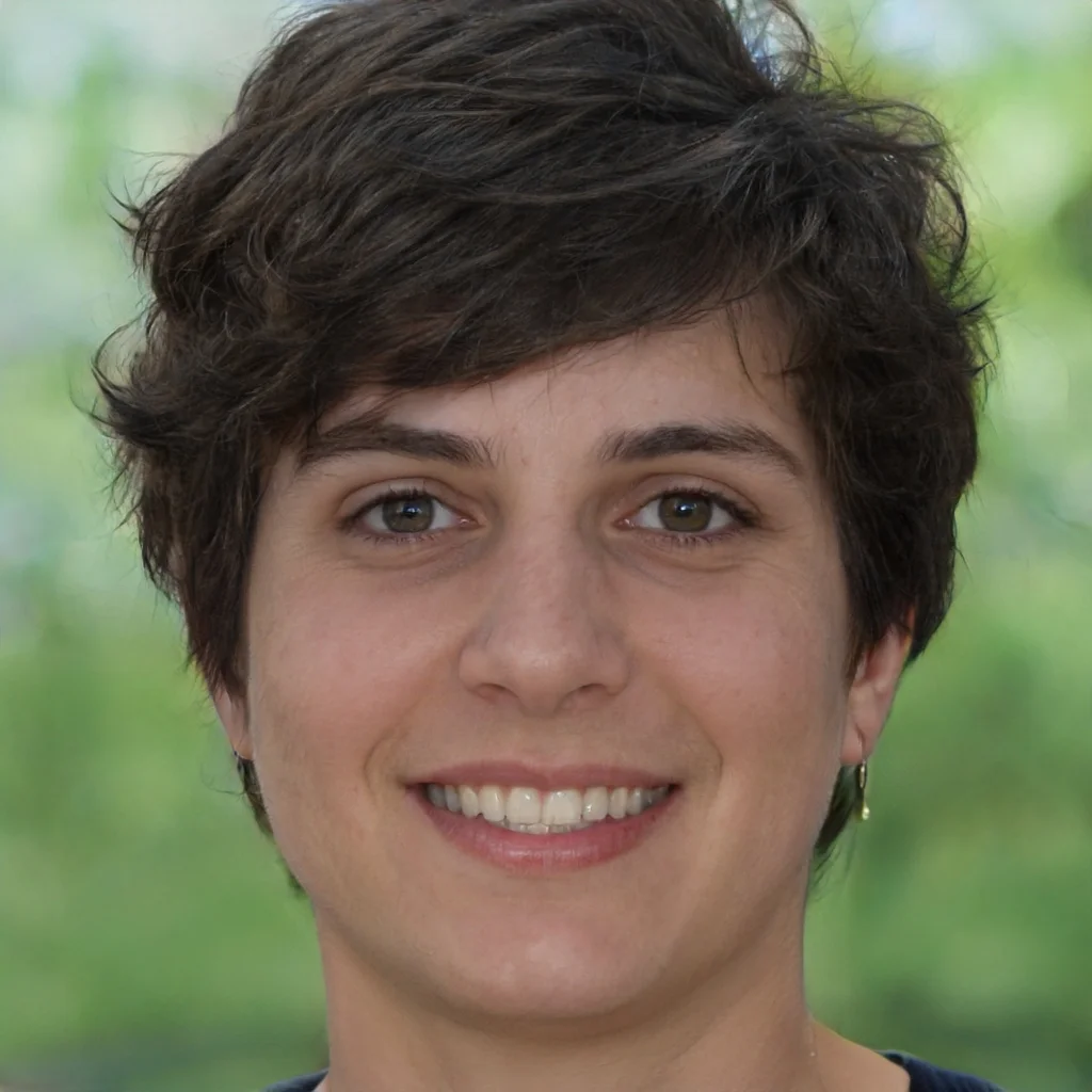 Close-up portrait of a smiling woman with short dark brown hair, light skin, and brown eyes, standing against a blurred green background.