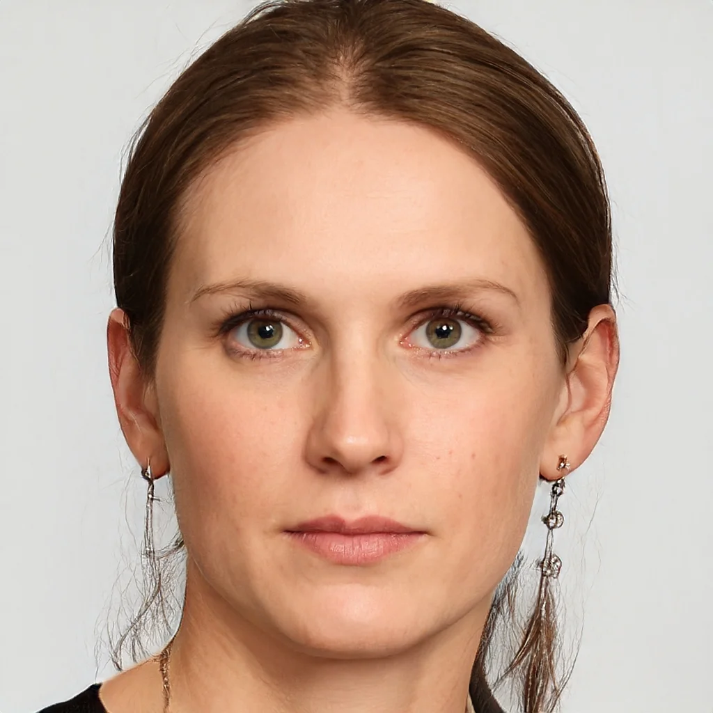 Close-up photo of a woman with short brown hair, light skin, gray-green eyes, wearing earrings and a black top.