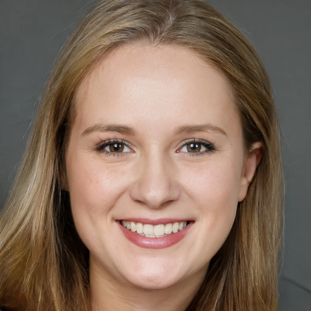 Close-up portrait of a young woman with blonde hair, brown eyes, and a big smile, wearing light makeup, in front of a plain gray background.