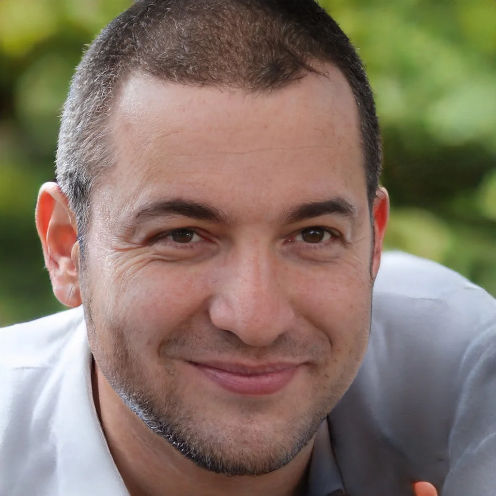A smiling man with short dark hair and a light beard, outdoors with blurred green foliage in the background.