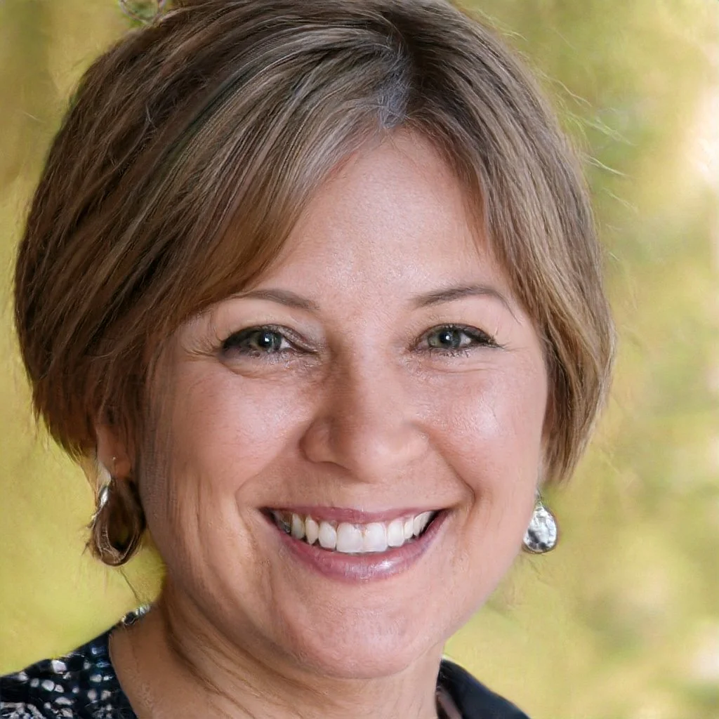 Close-up portrait of a smiling woman with short brown hair, wearing earrings, and a dark patterned top, outdoors with blurred green and yellow background.