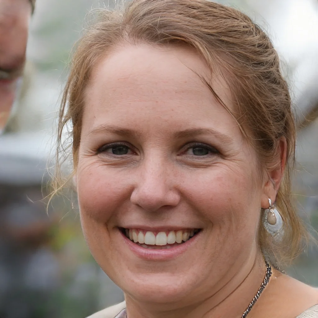 Close-up of a smiling woman with reddish hair, wearing earrings and a necklace, outdoors.