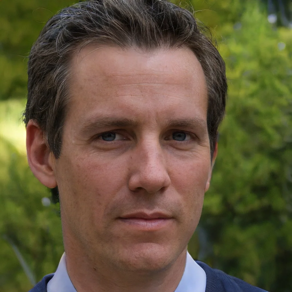 Close-up of a man with short brown hair and blue eyes, wearing a collared shirt and sweater outdoors with green foliage in the background.