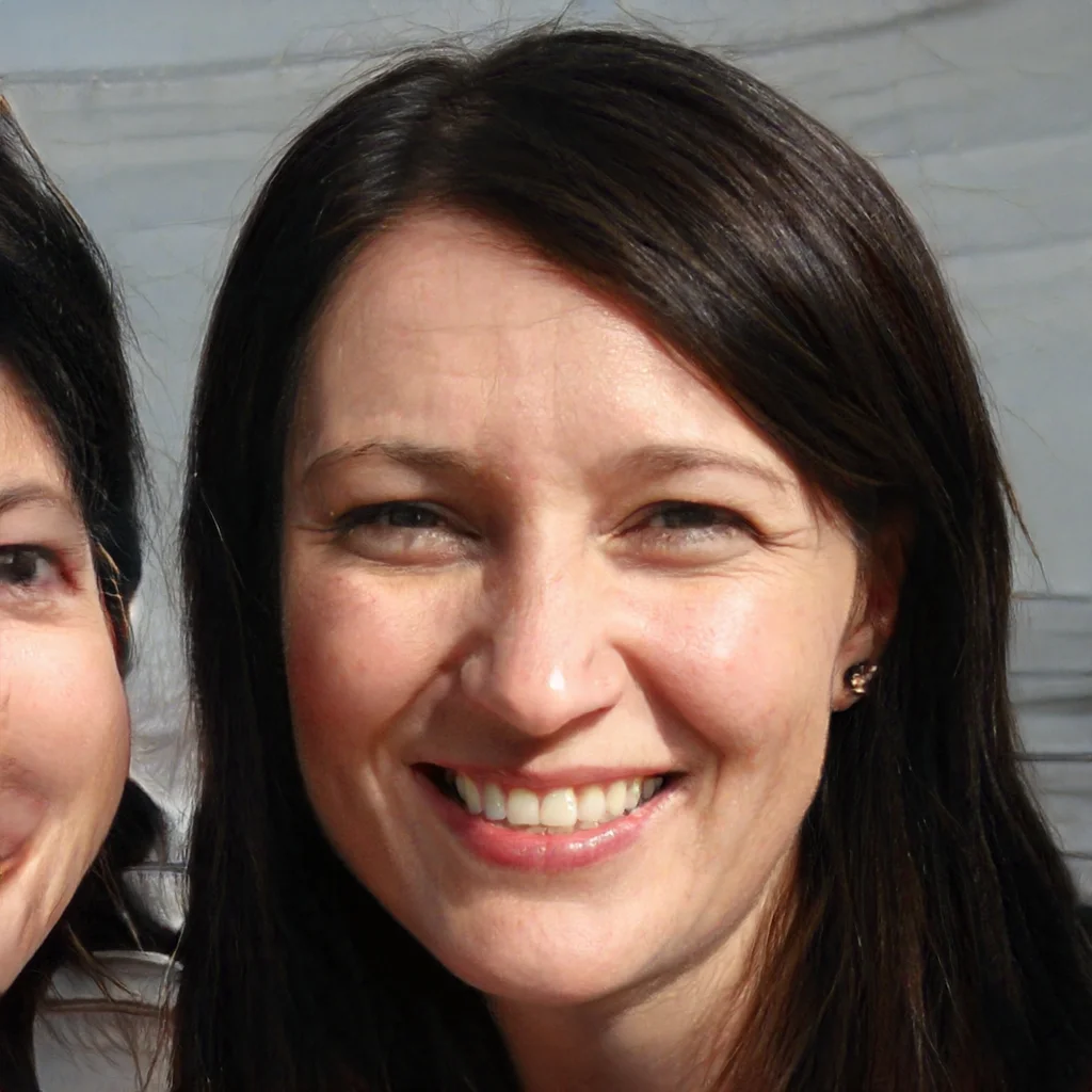 Close-up of a woman smiling with dark brown hair and earrings, standing outdoors.
