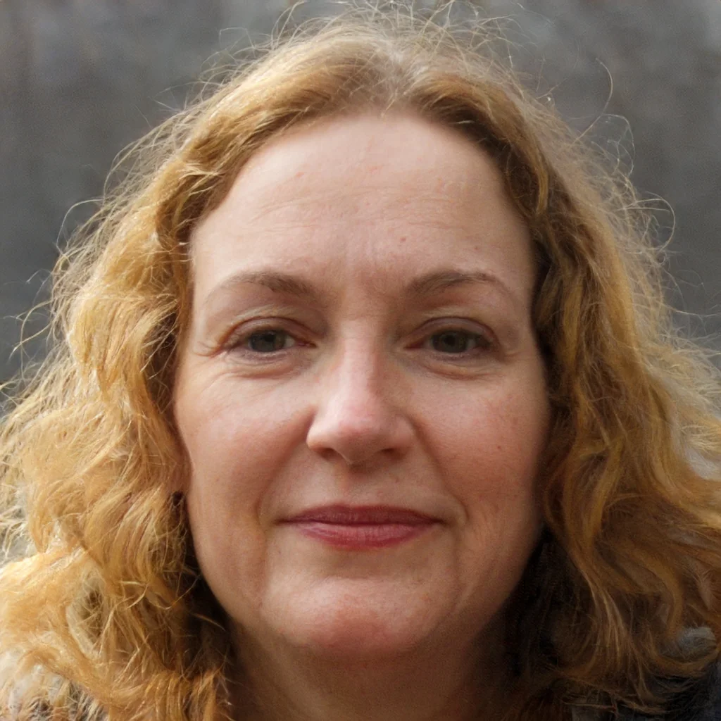 A woman with curly red hair and fair skin looking at the camera, smiling softly against a blurred gray background.