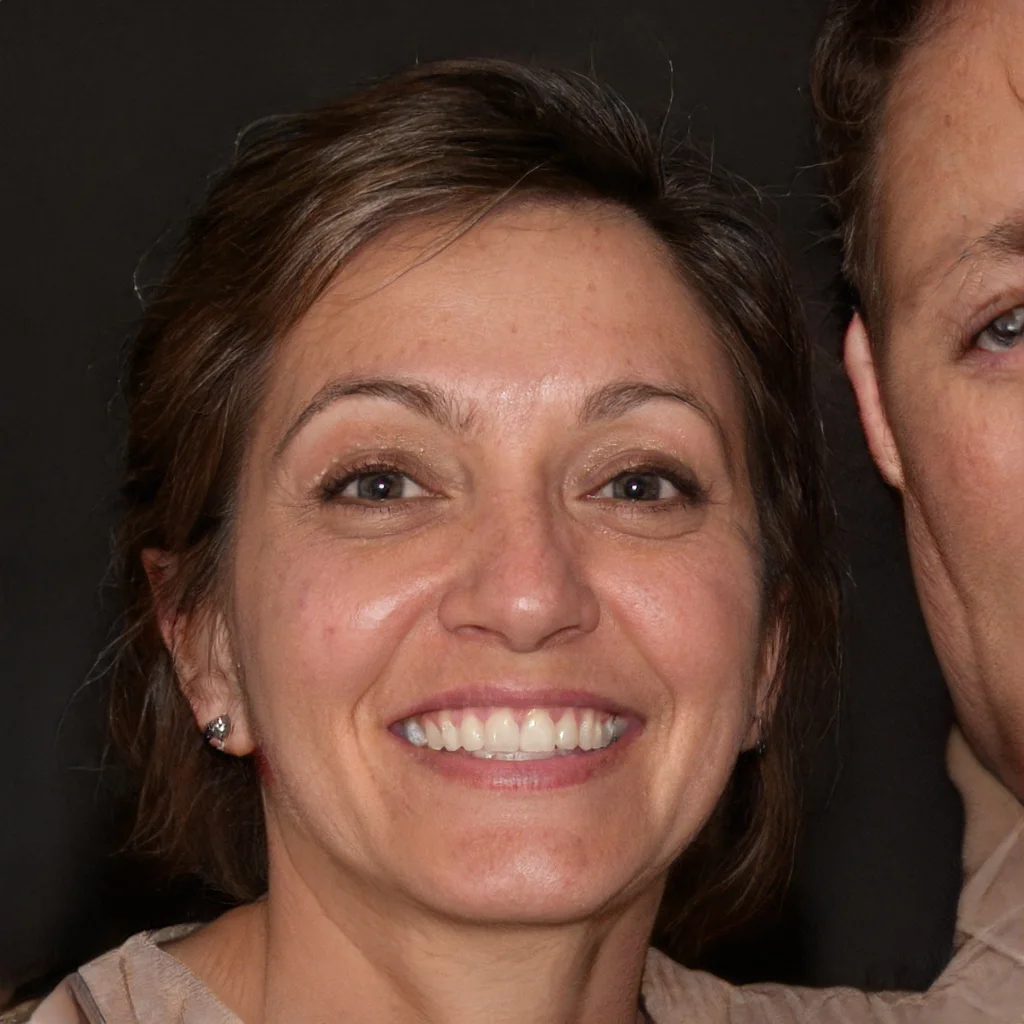 Close-up of a woman smiling, with short brown hair, earrings, and light makeup, against a black background.