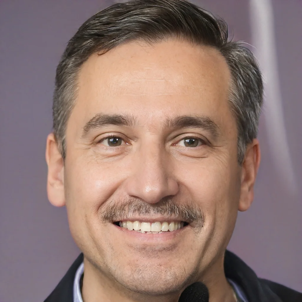 Close-up photo of a smiling middle-aged man with short, dark hair, light skin, light-colored eyes, and a mustache, wearing a dark suit, against a blurred gray background.