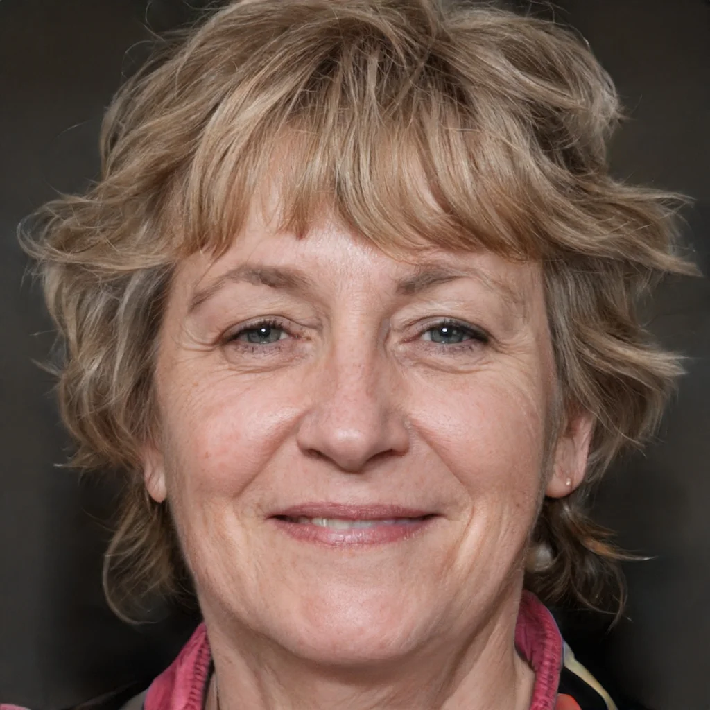 Close-up portrait of a smiling middle-aged woman with short, wavy, blonde hair, wearing a red and yellow top.