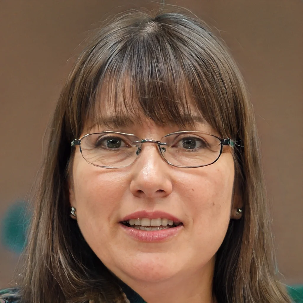 A woman with shoulder-length brown hair, glasses, and earrings, speaking in an indoor setting.