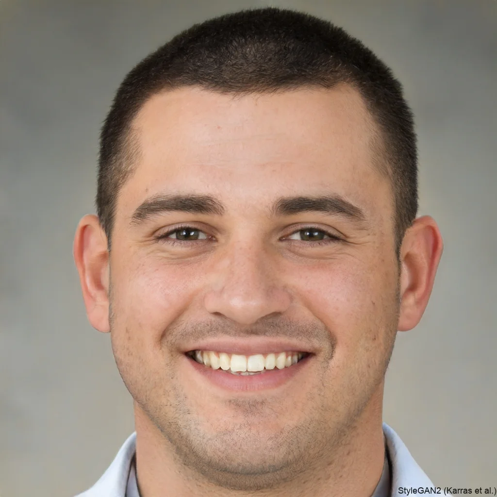A smiling man with short dark hair and light skin, wearing a light-colored shirt, against a plain gray background.