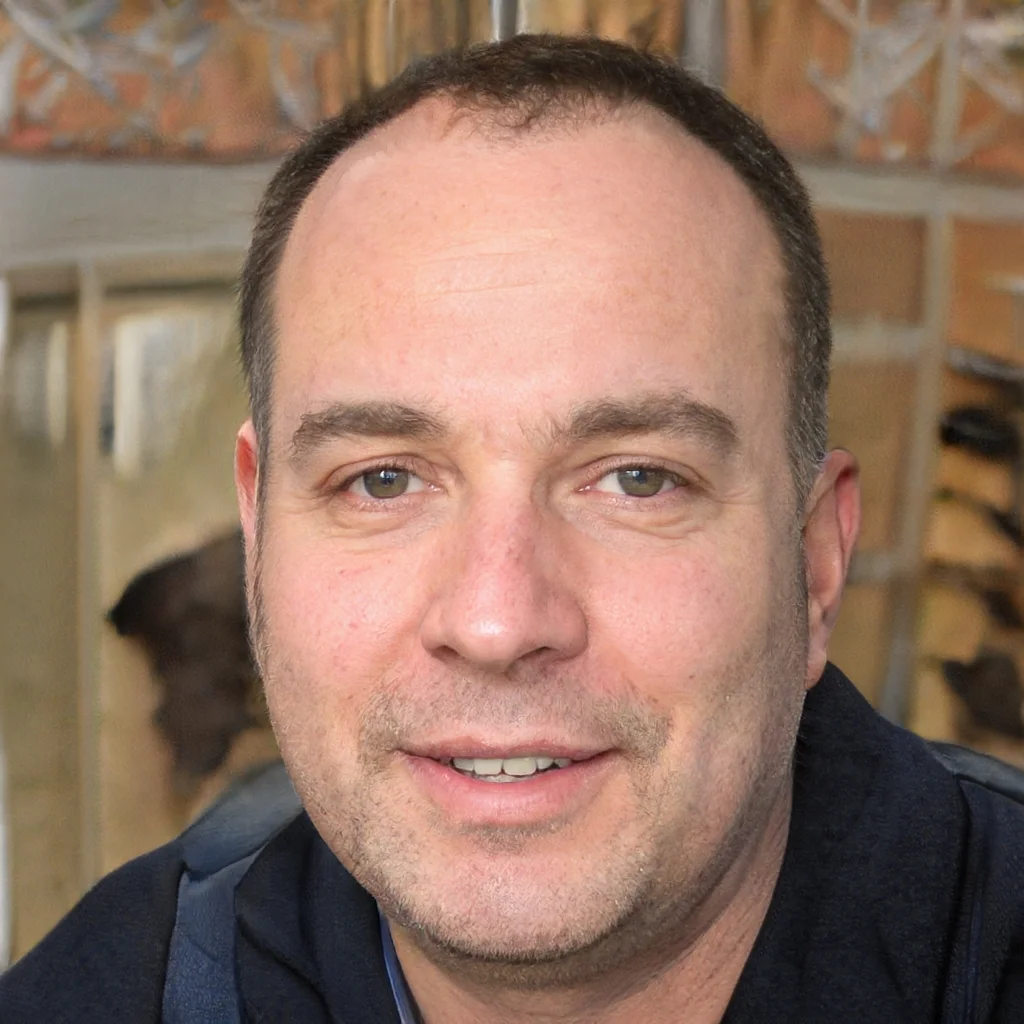 A man with short dark hair, light skin, and green eyes smiling in front of a wooden background.