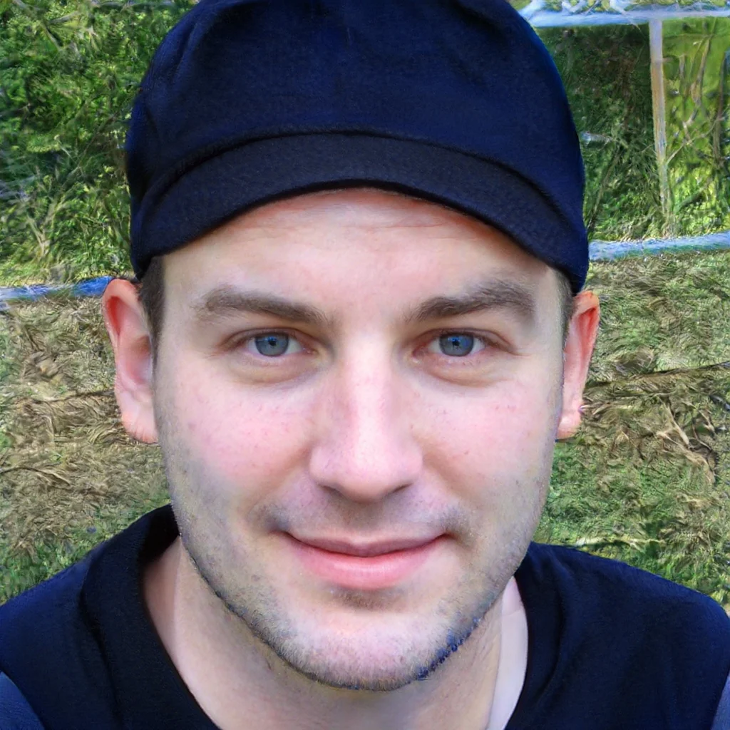 Close-up of a young man with blue eyes, wearing a black cap, outdoors with green foliage in the background.